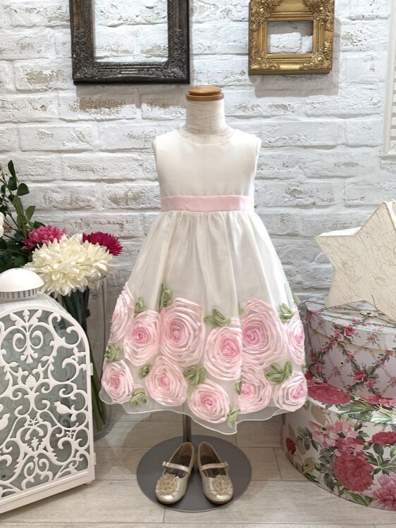 ホワイト×裾ピンクフラワーキッズドレス　90-100