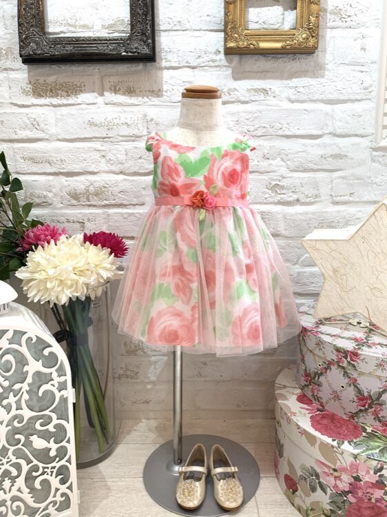 ピンク×グリーン花柄チュールスカートキッズドレス 80-90 ドレンタ