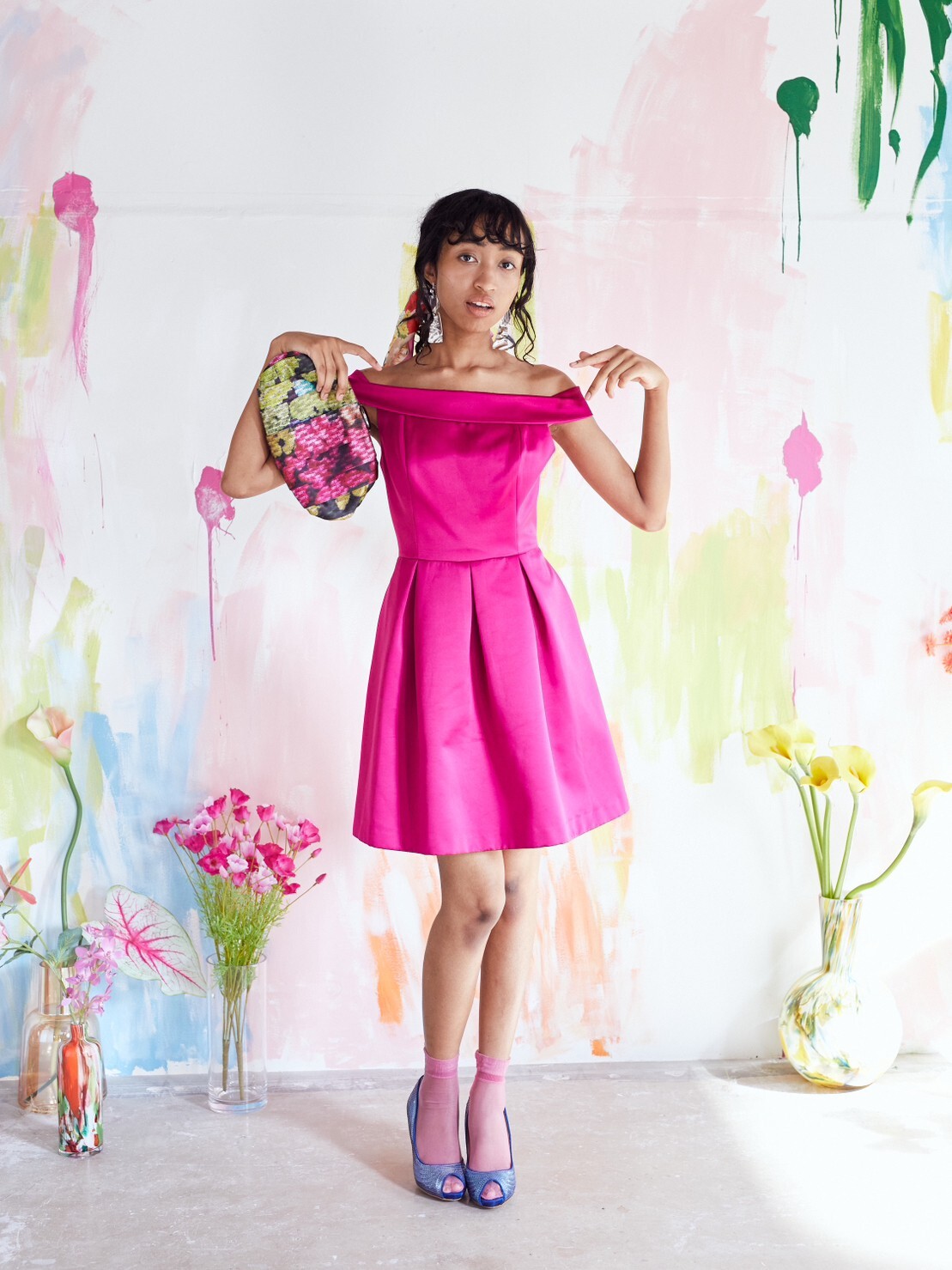 【パーティードレス】マゼンタ　オフショルダー　L