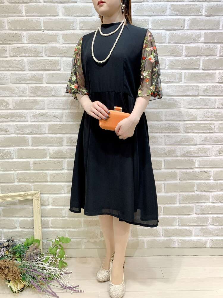 【ゲストドレス】ブラック　フラワースリーブ　L〜