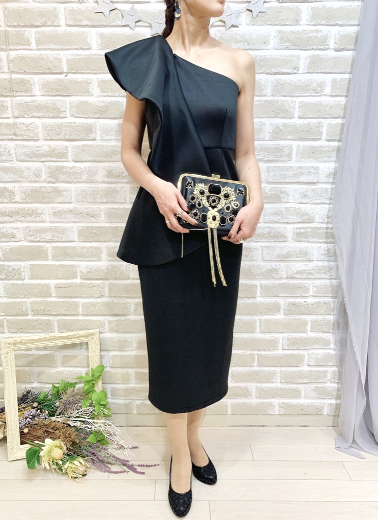 【パーティードレス】ブラック　ワンショルダー　L