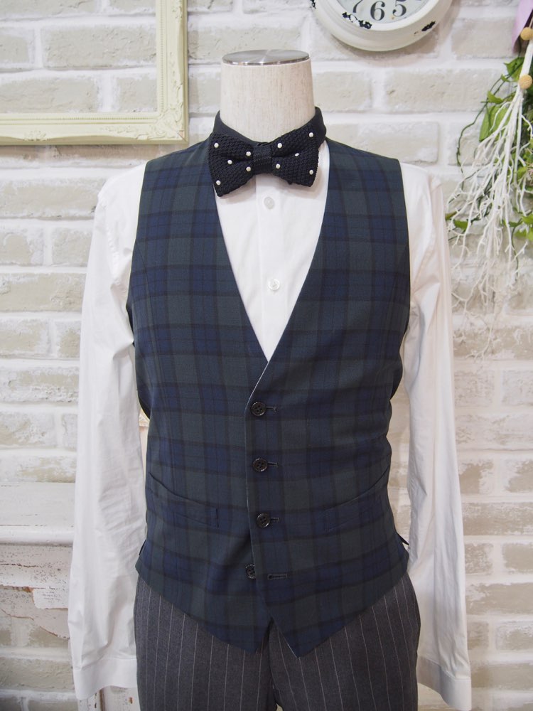 【ベスト単品】グリーン×ネイビーチェック　グレー　リバーシブル　S