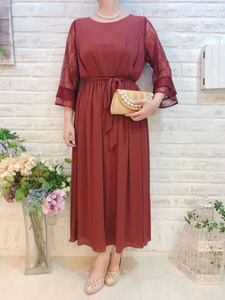 【パーティドレス】レンガカラー袖レース丈長めドレス