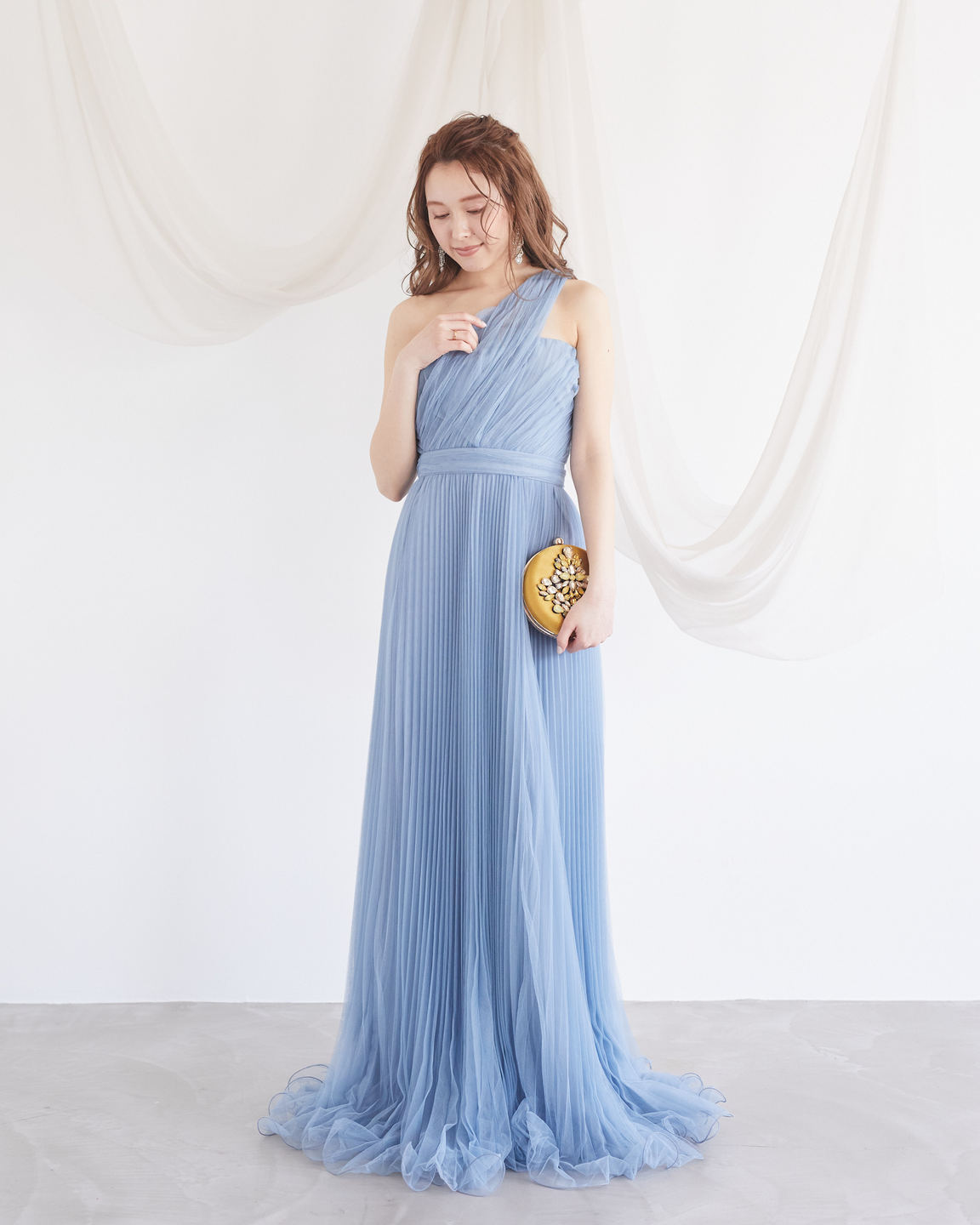 【パーティドレス】ブルーワンショルダー全プリーツロングドレス