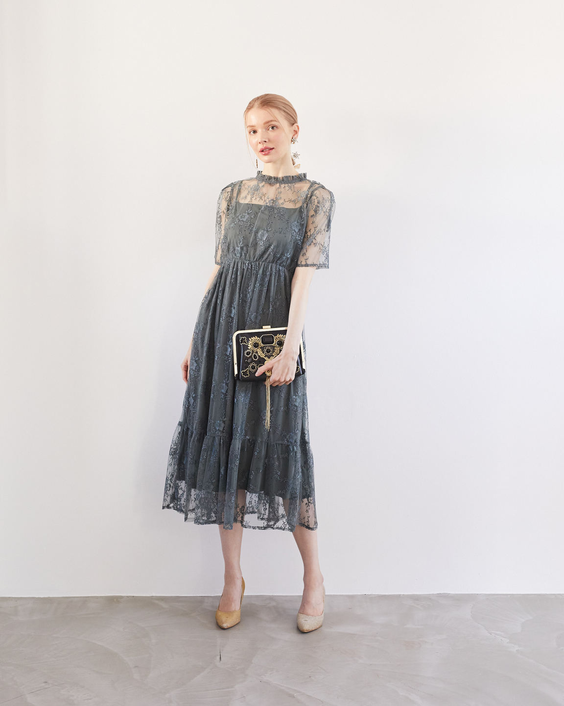 【ゲストドレス】カーキ　総レース　M