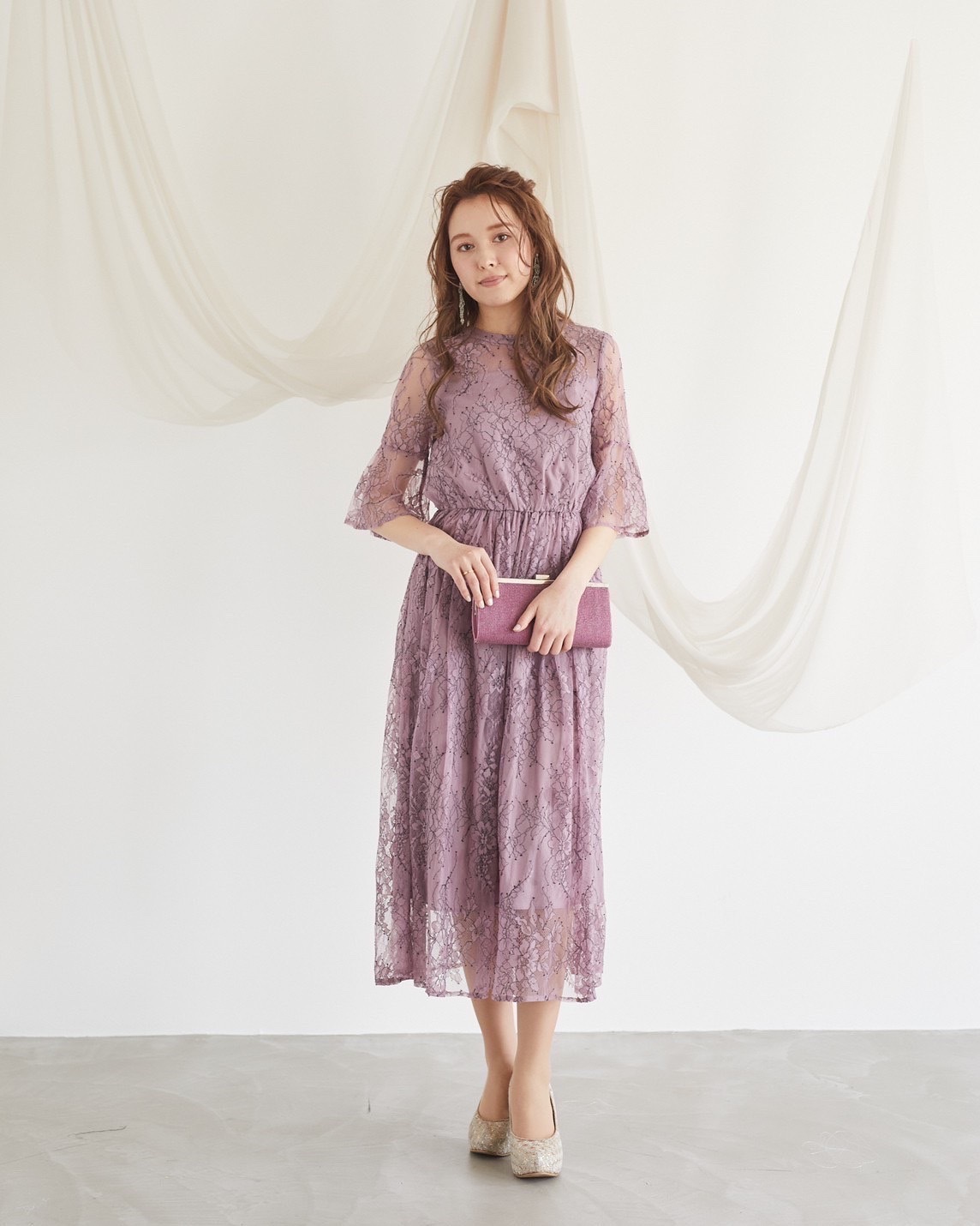 【ゲストドレス】ダスティピンク　レース柄　七分丈スリーブ　M