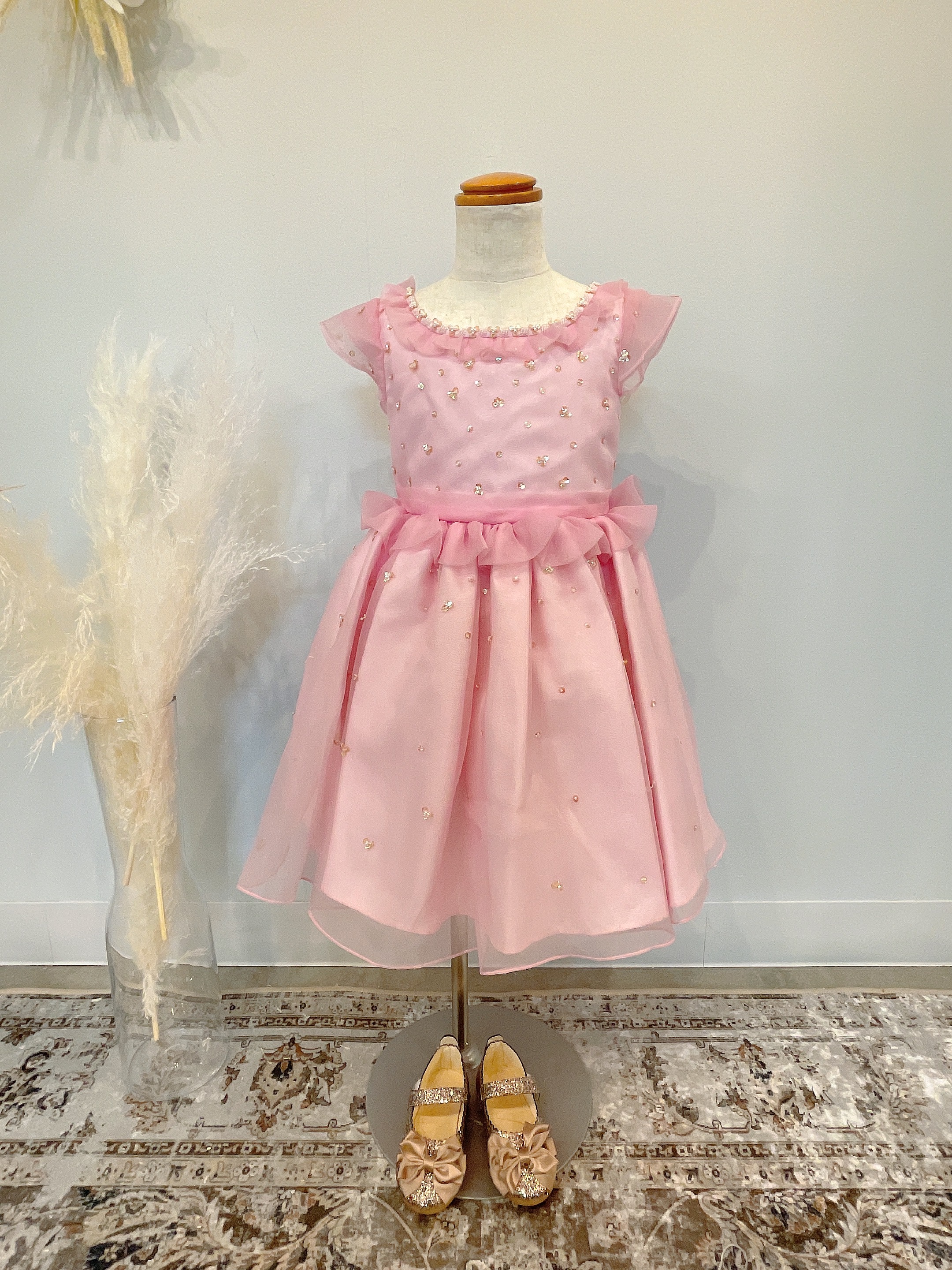 ピンクフレンチスリーブキラキラキッズドレス100cm