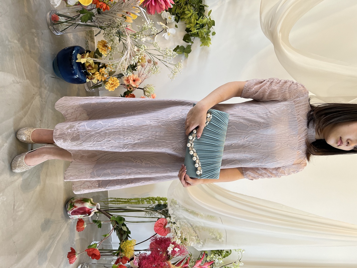 【ゲストドレス】スモーキーピンク　五分袖レース　M〜L