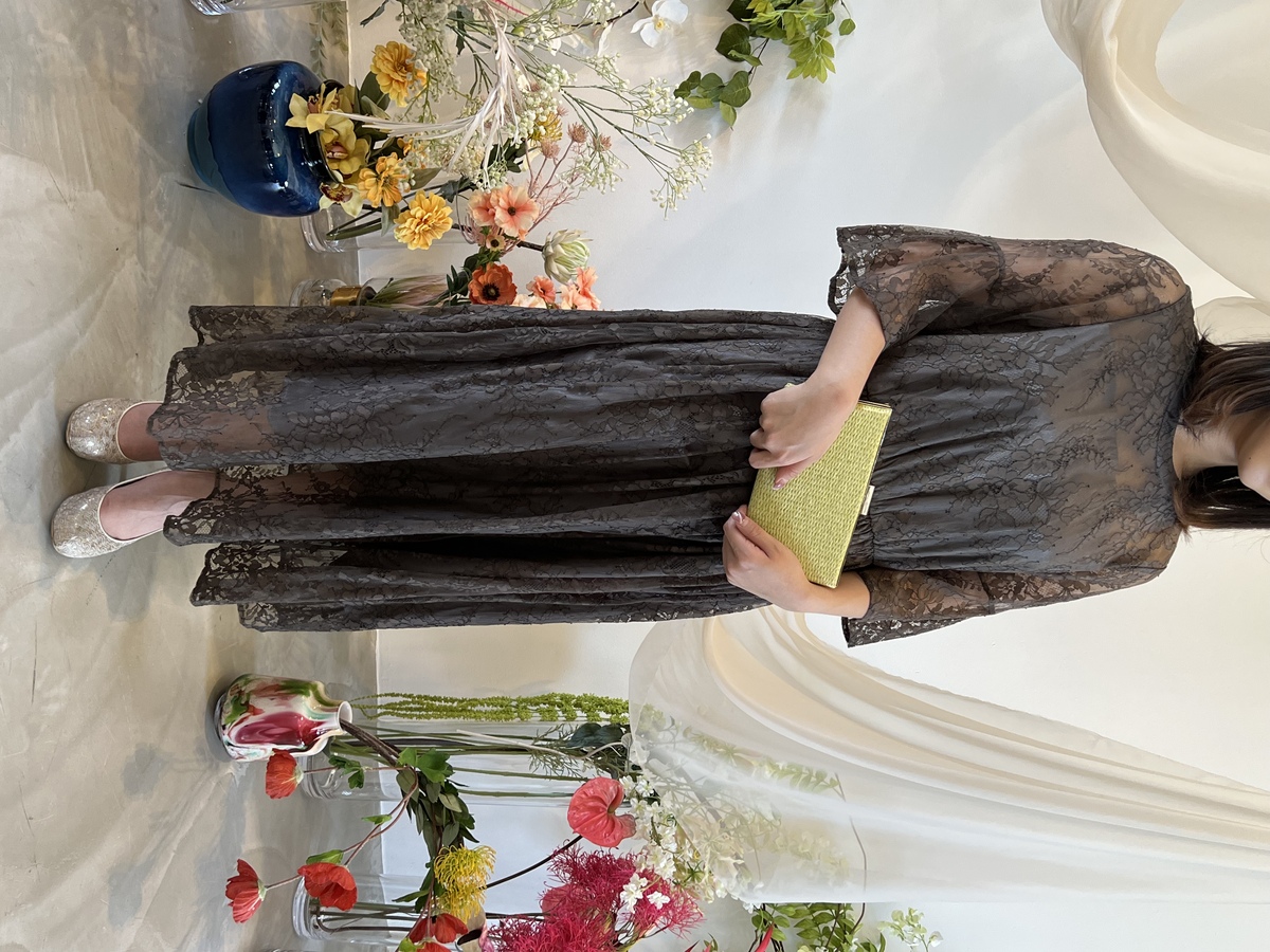 【ゲストドレス】ダークブラウン　五分袖ロング　L〜LL