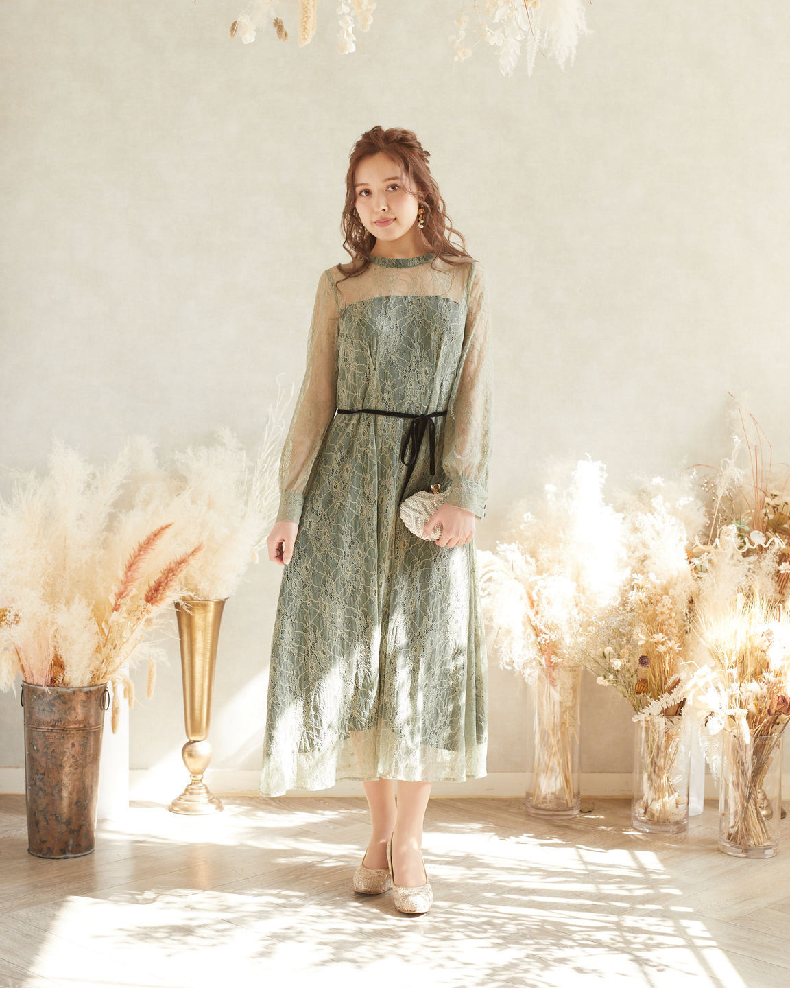 【ゲストドレス】グリーン　ブラックリボン　M