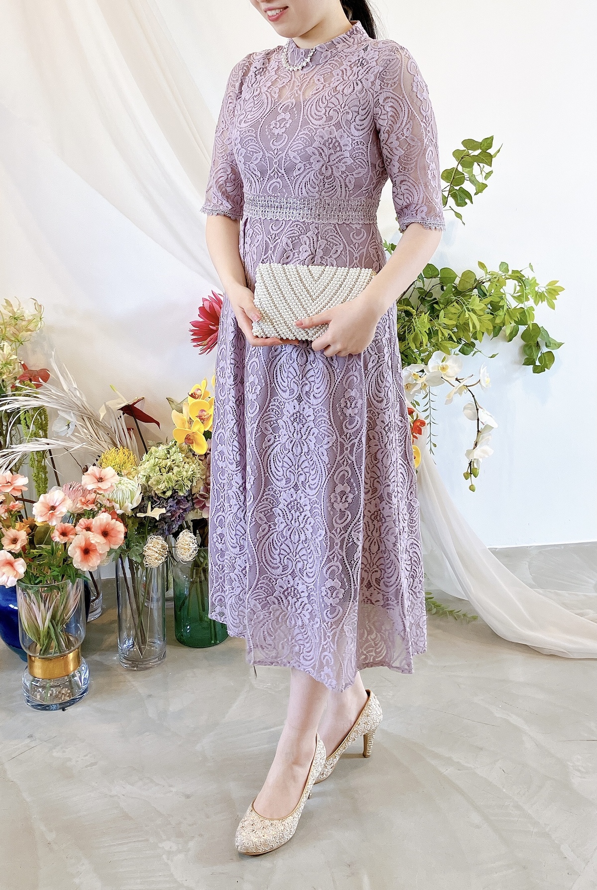 【ゲストドレス】くすみピンク　総レース　M