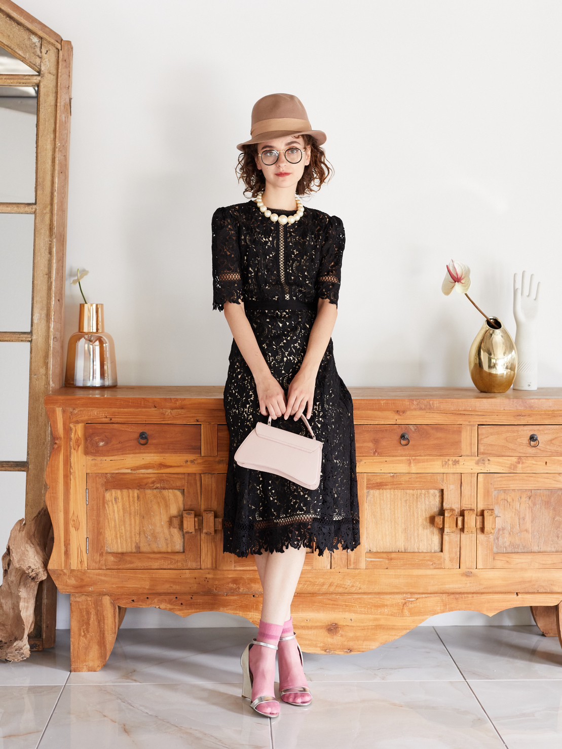 【パーティードレス】CELFORD ブラックレース5分丈スリーブドレス　S-M