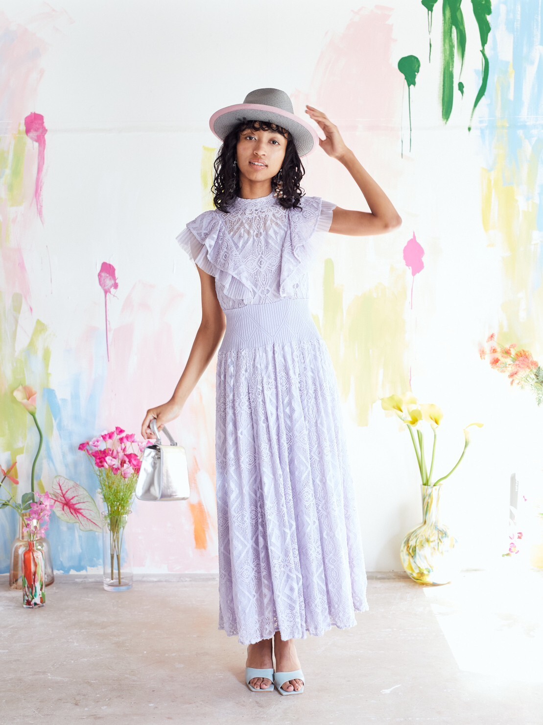 【ゲストドレス】アイスブルー　袖フリルウエストニットレース　S-M  SNIDEL