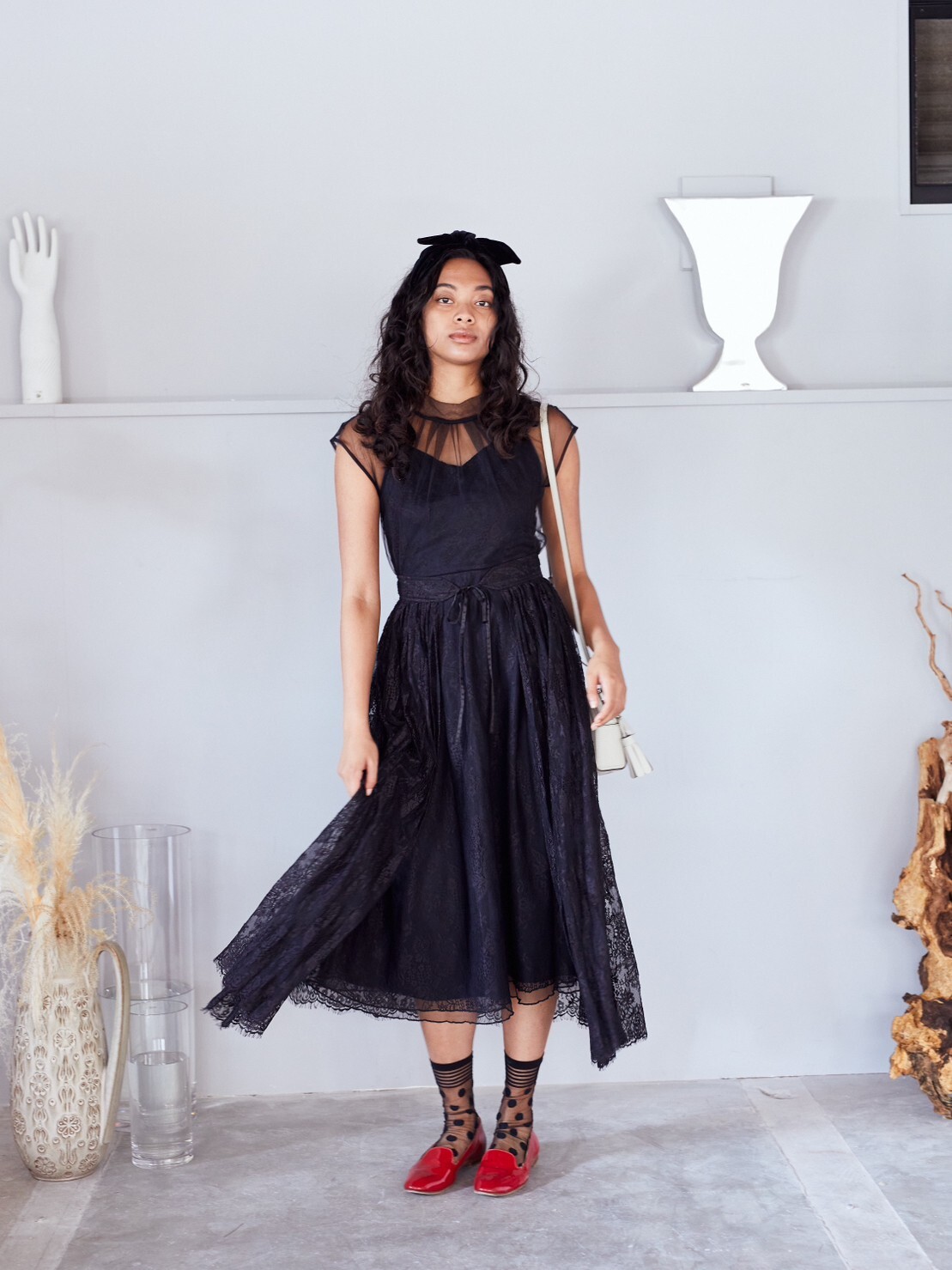 【ゲストドレス】ブラック　ウエストベルト2重レース　S-M Lily Brown