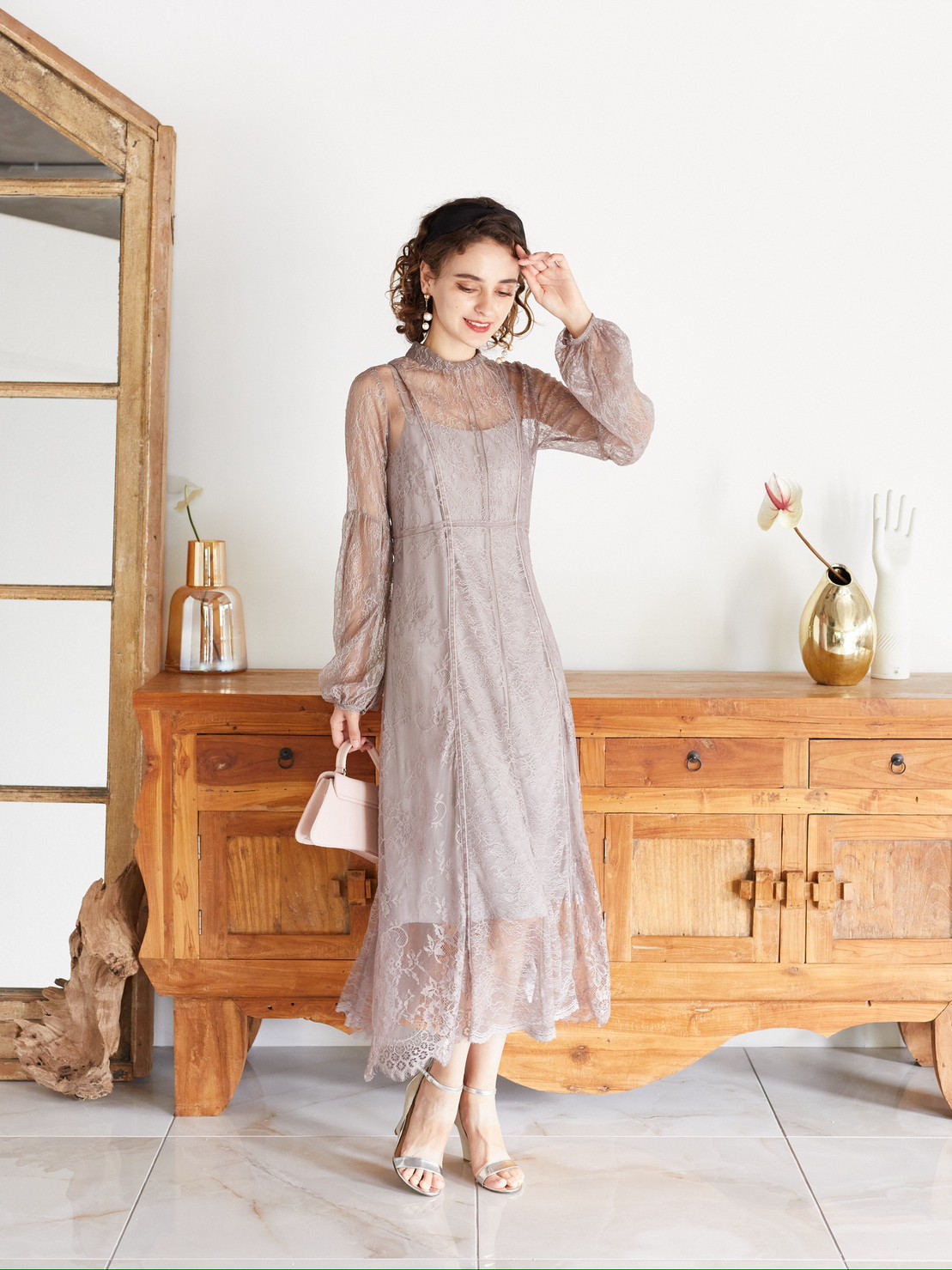 FRAY I.D ダスティピンク　くすみパープルカラー総レースドルマンスリーブドレス　S-M