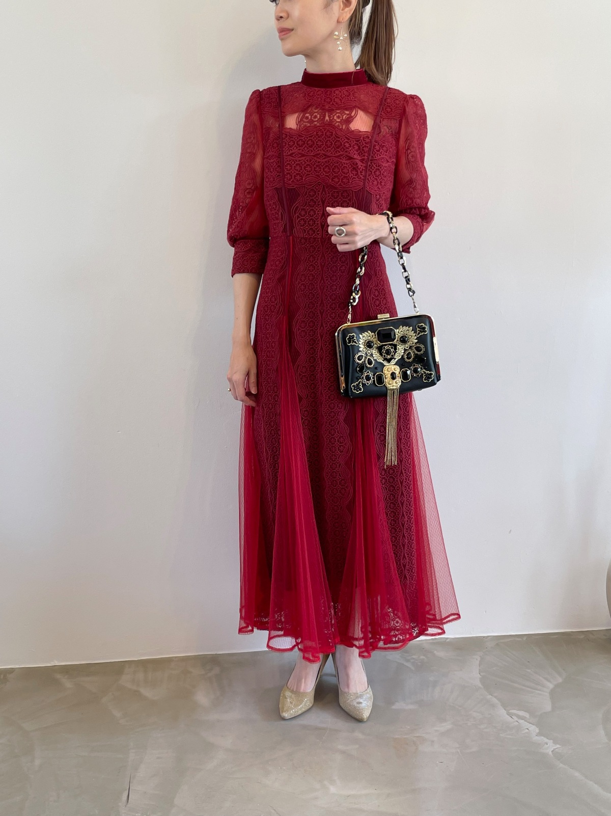 【ゲストドレス】FRAY I.D レッドハイネックレース×チュール切替デザインドS-M