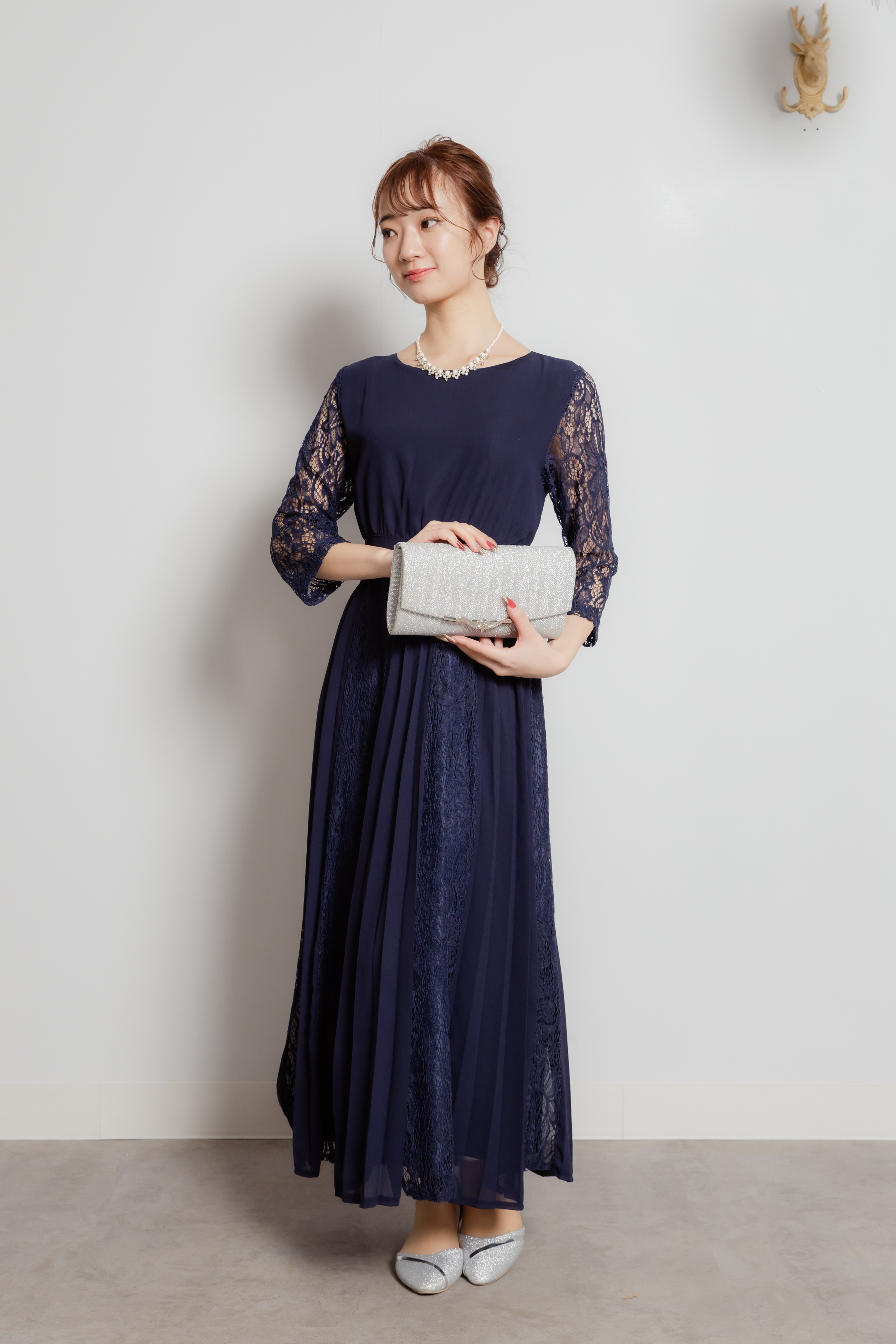 ネイビー袖レース×プリーツスカート切替ドレス2L