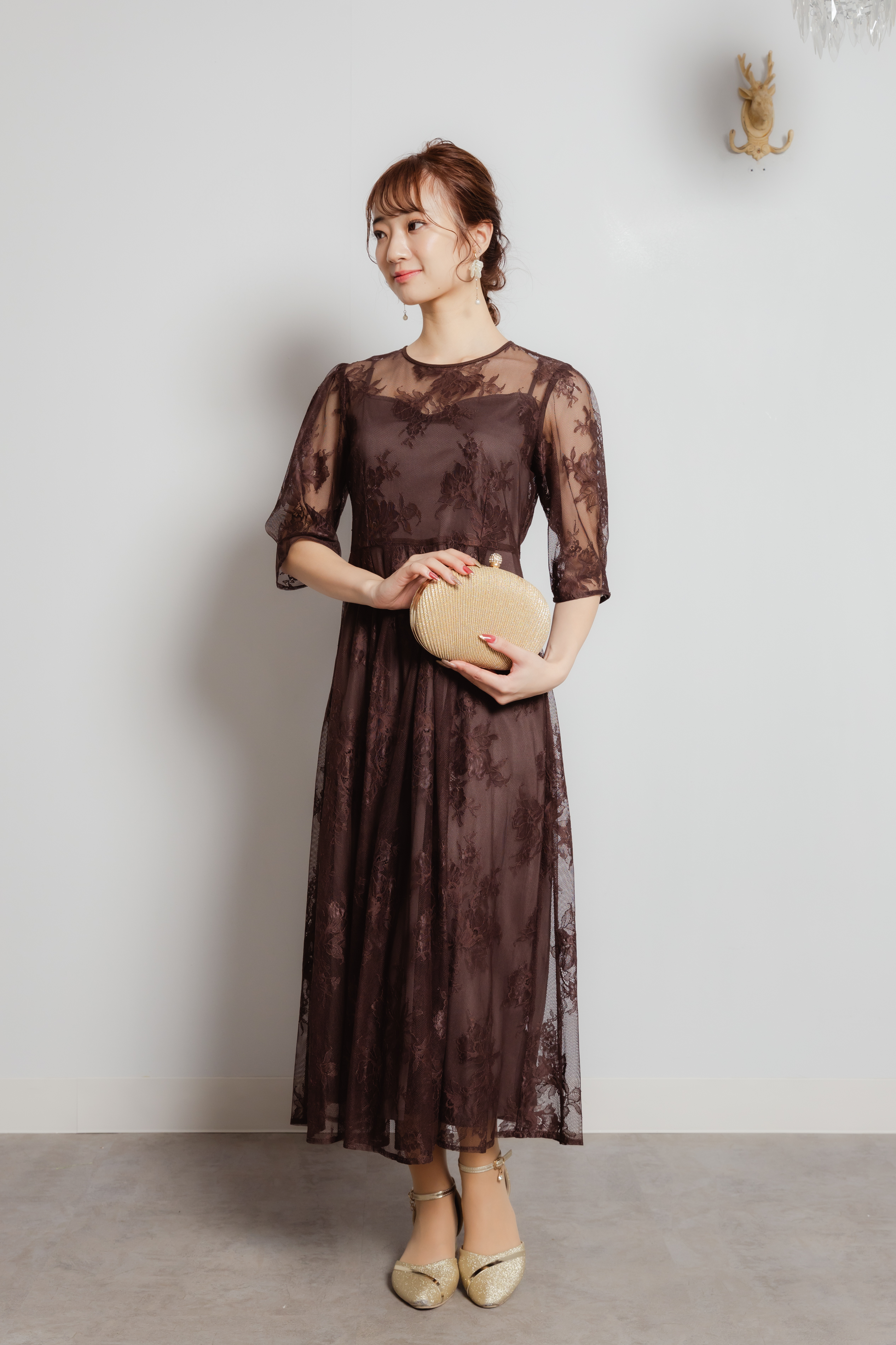 ブラウン総レースロングスリーブドレスL