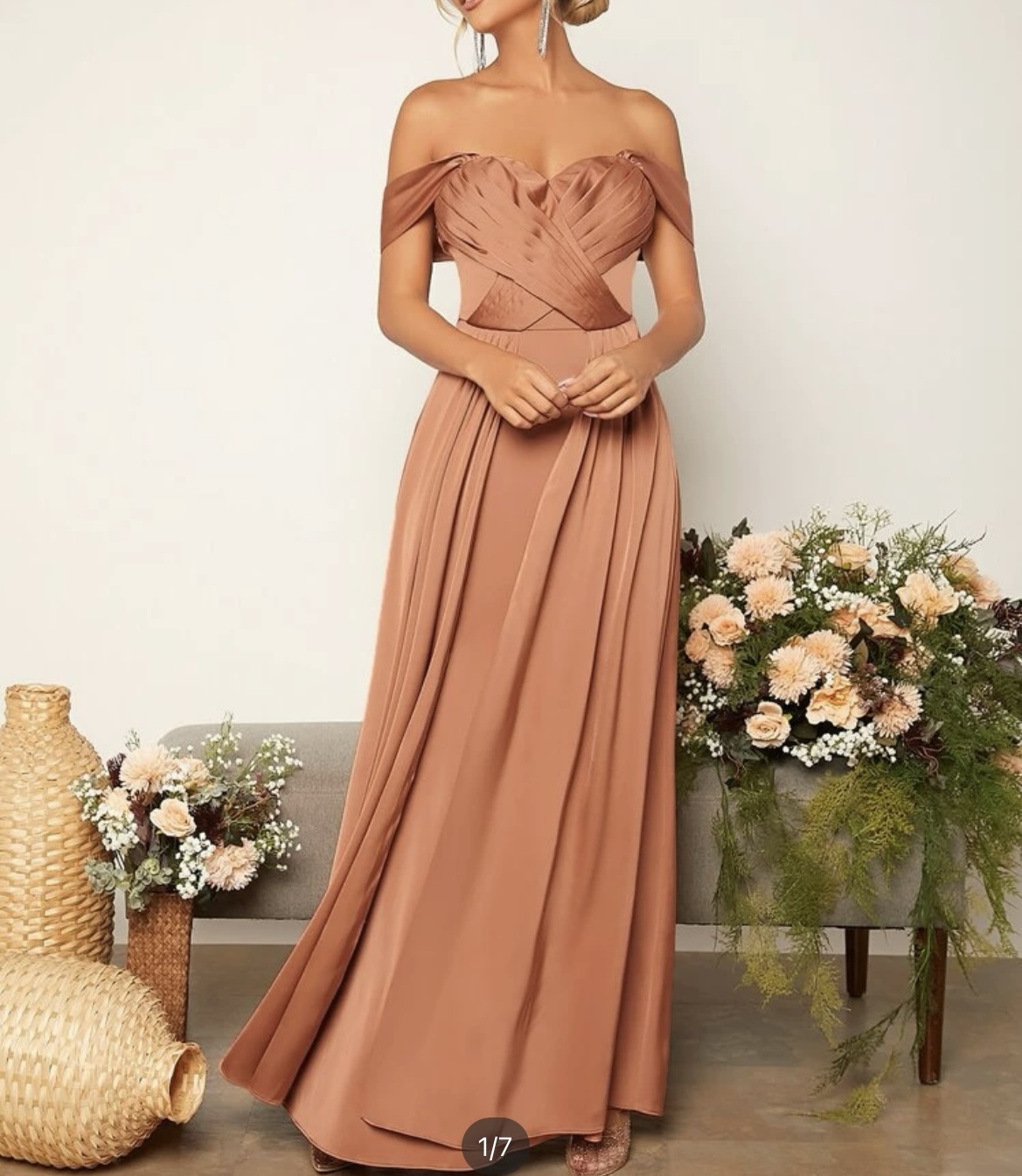 【パーティードレス】オフショル　テラコッタサテン　M  9号