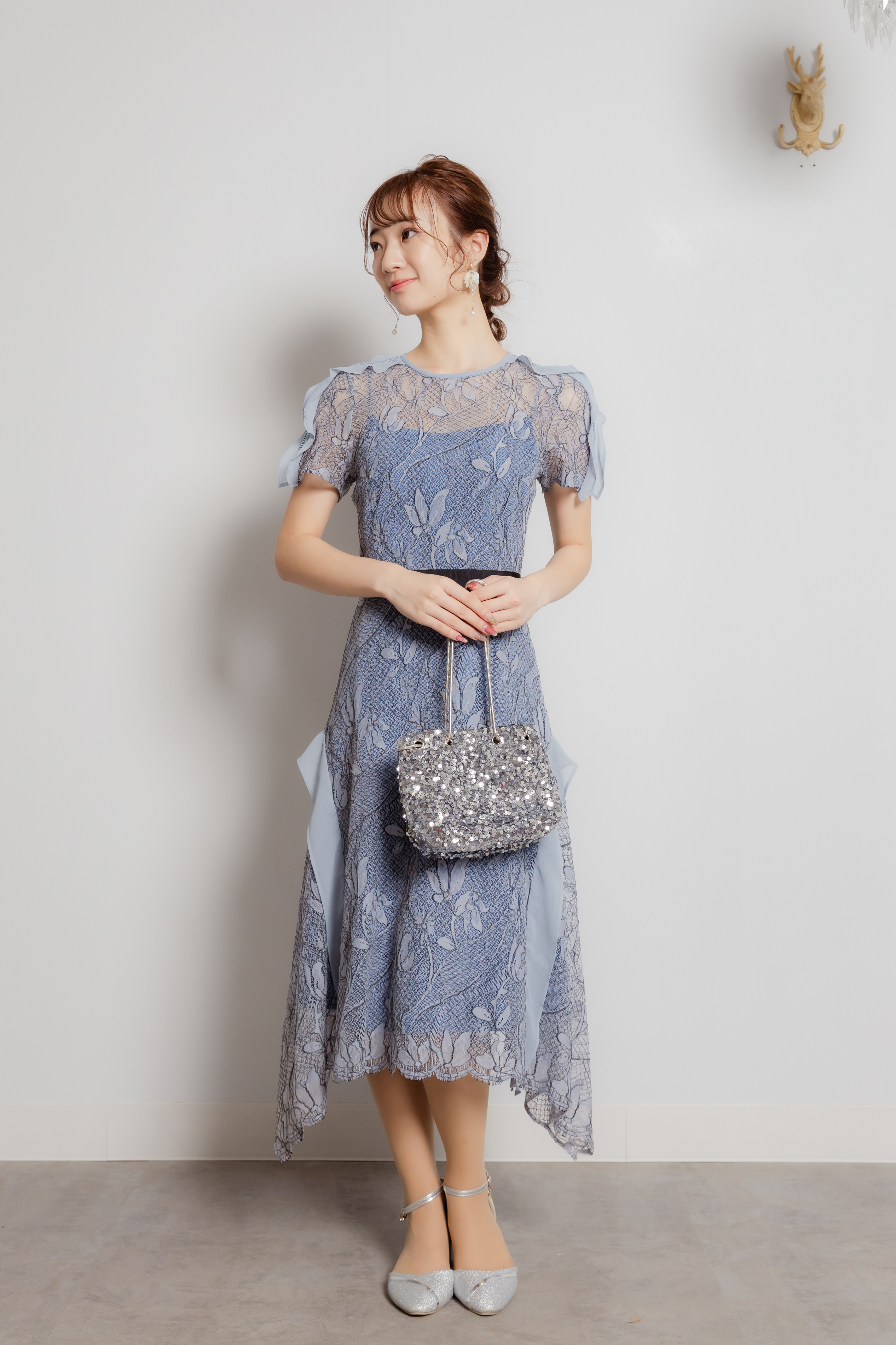 フラワーレースブルー×グラックウエストラインレースドレス　S