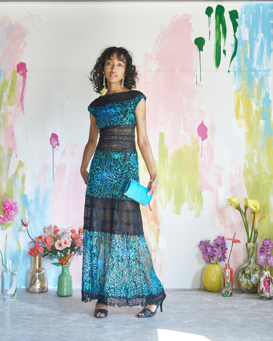 【パーティードレス】ブルー×グリーン×ブラック　総レースロング　XS〜M