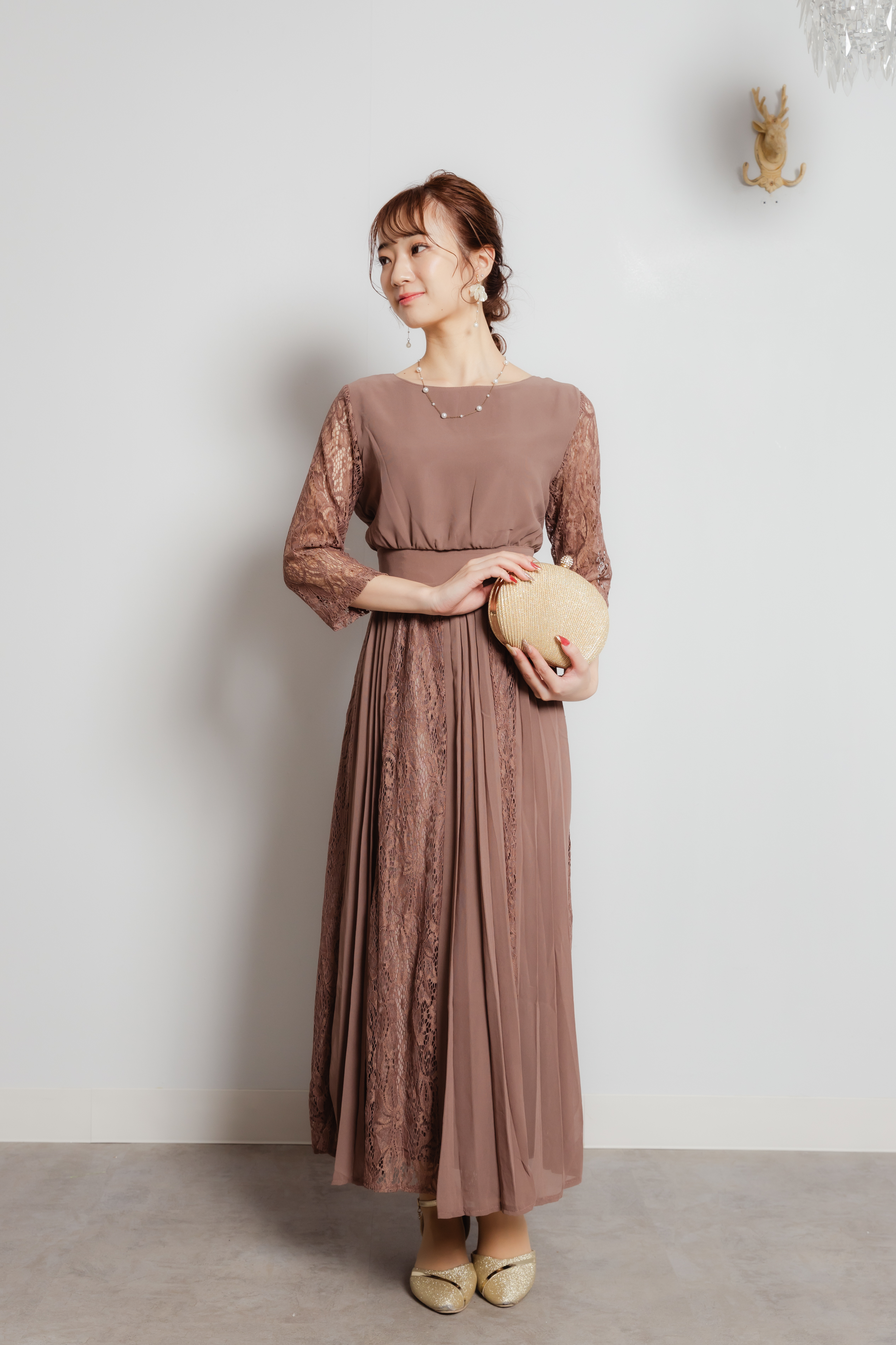 モカ袖レース×プリーツスカート切替ドレスL