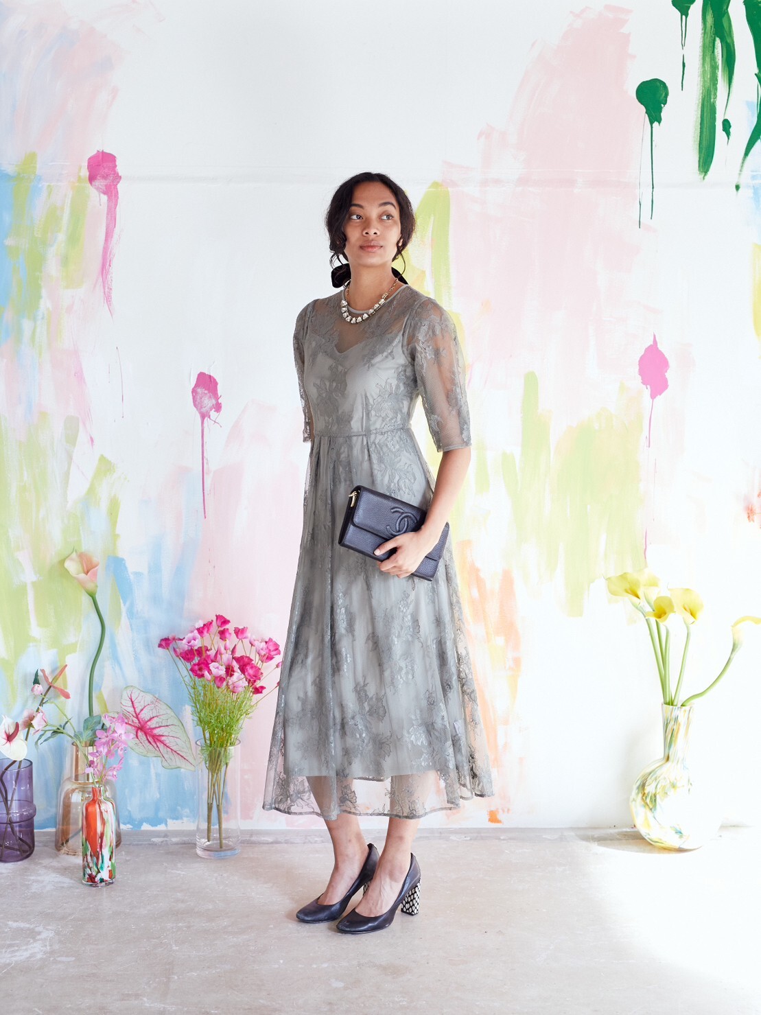 【ゲストドレス】モスグリーン　バックダブルリボン L