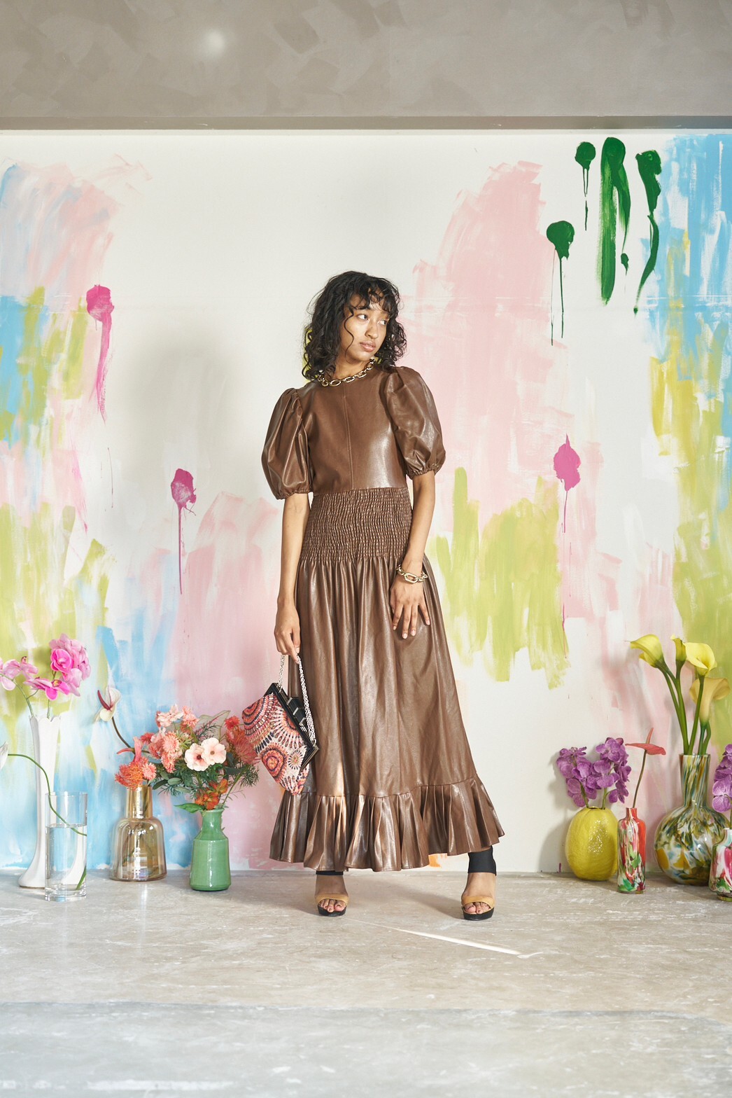 【パーティドレス】レザーブラウン　XS