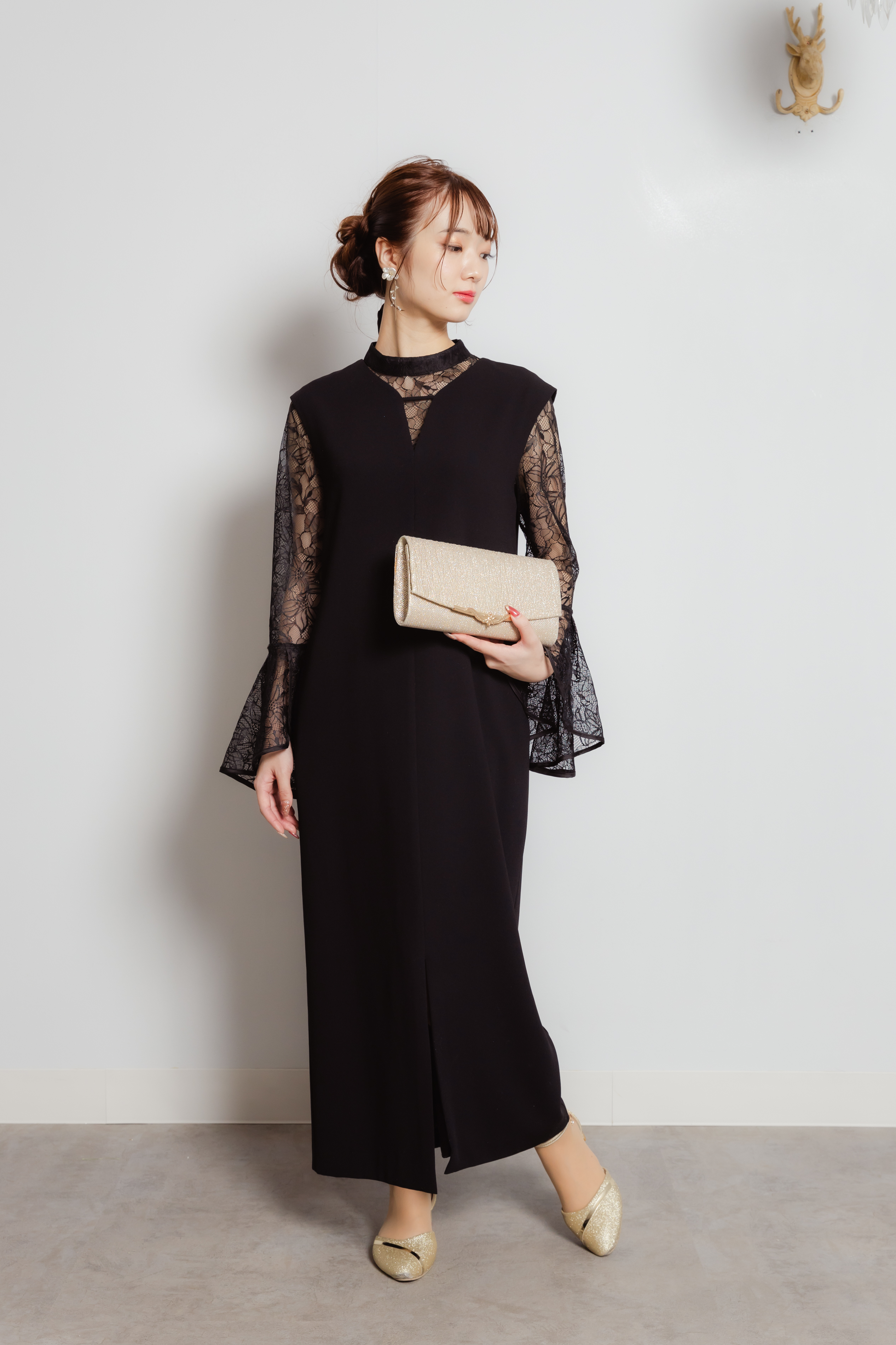 ベルスリーブスリットドレス ブラックM