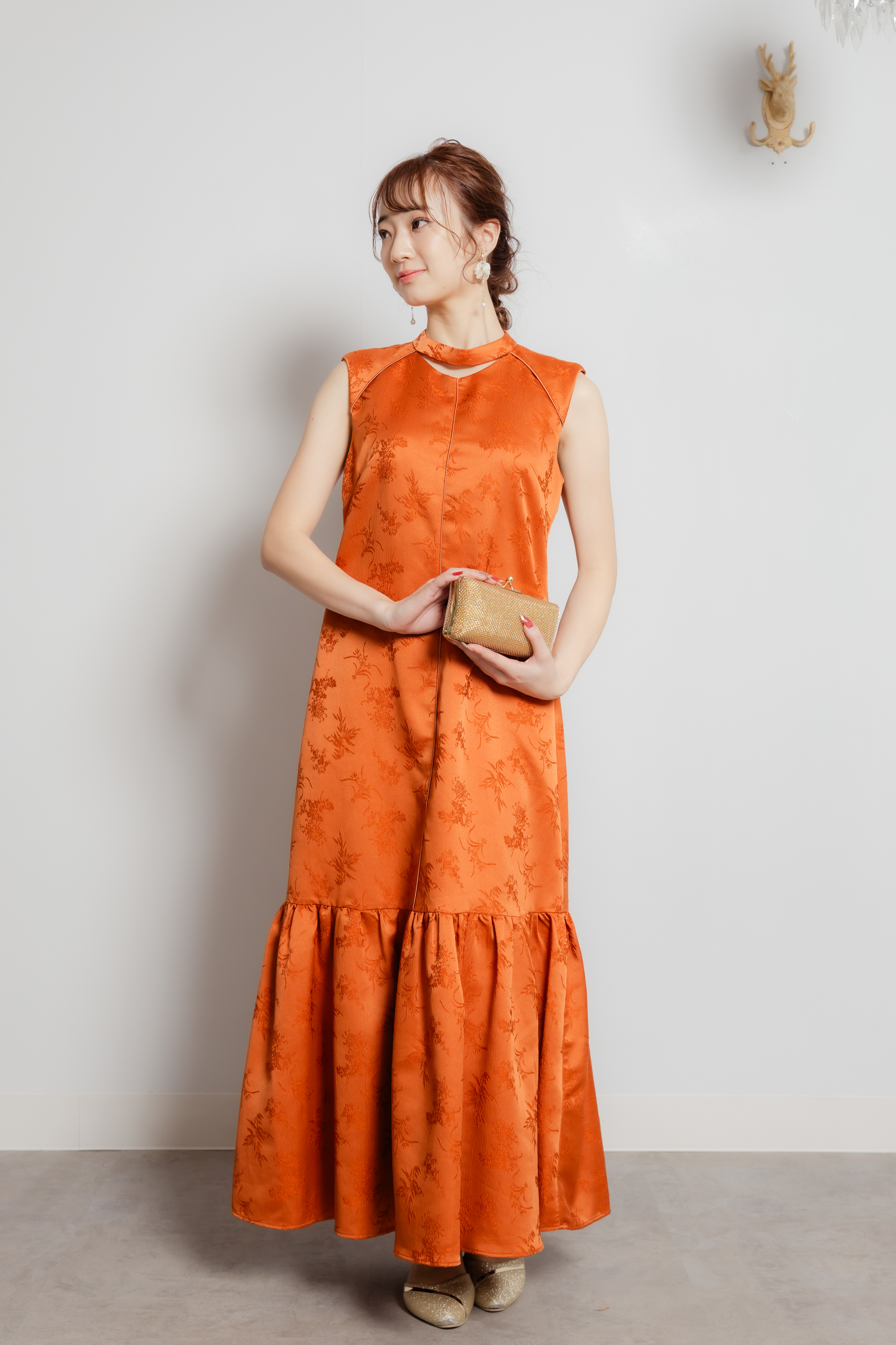 チャイナ風ティアードヘムジャガードドレス オレンジM