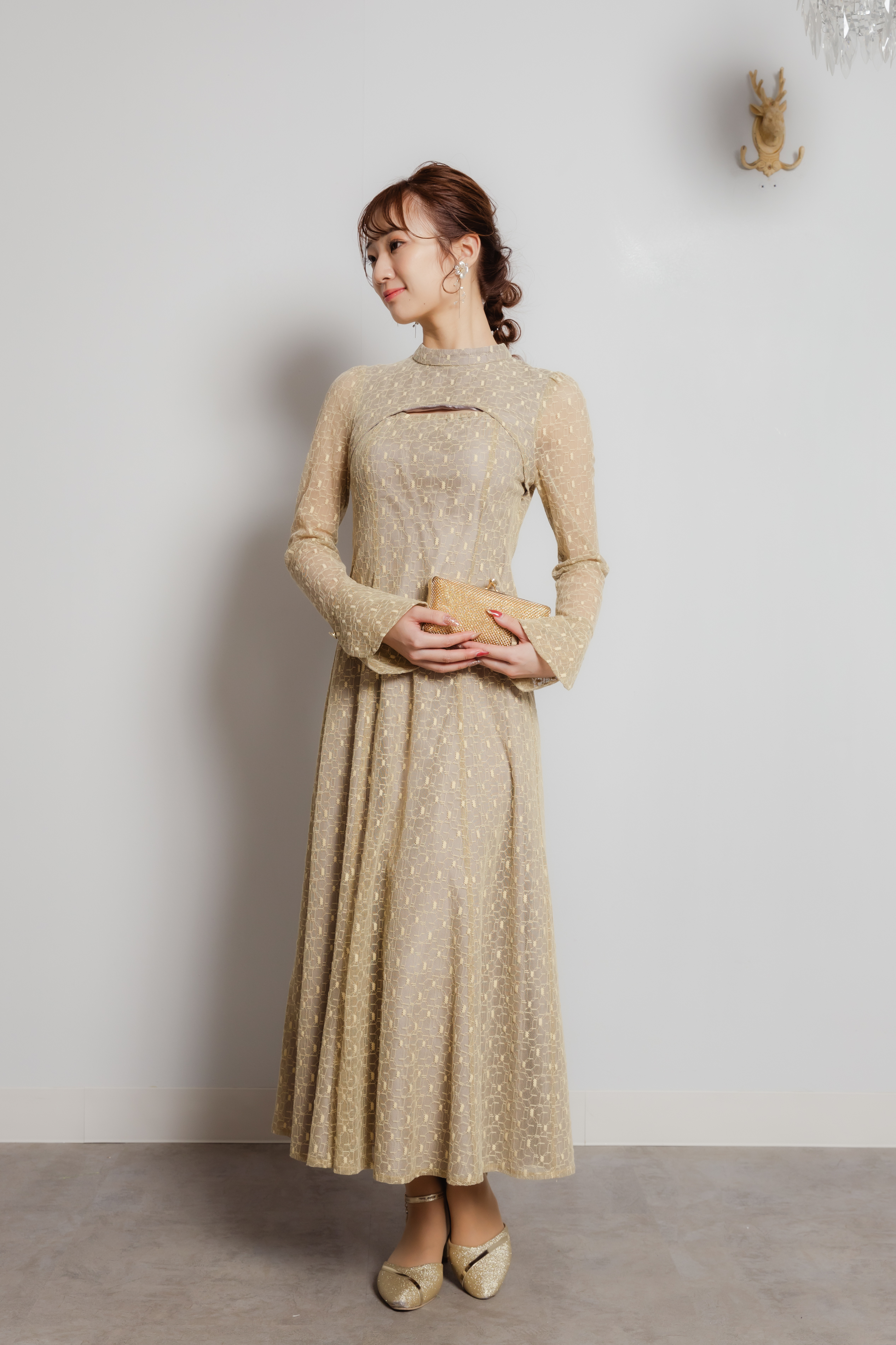 バックオープン幾何学レースドレス イエローM