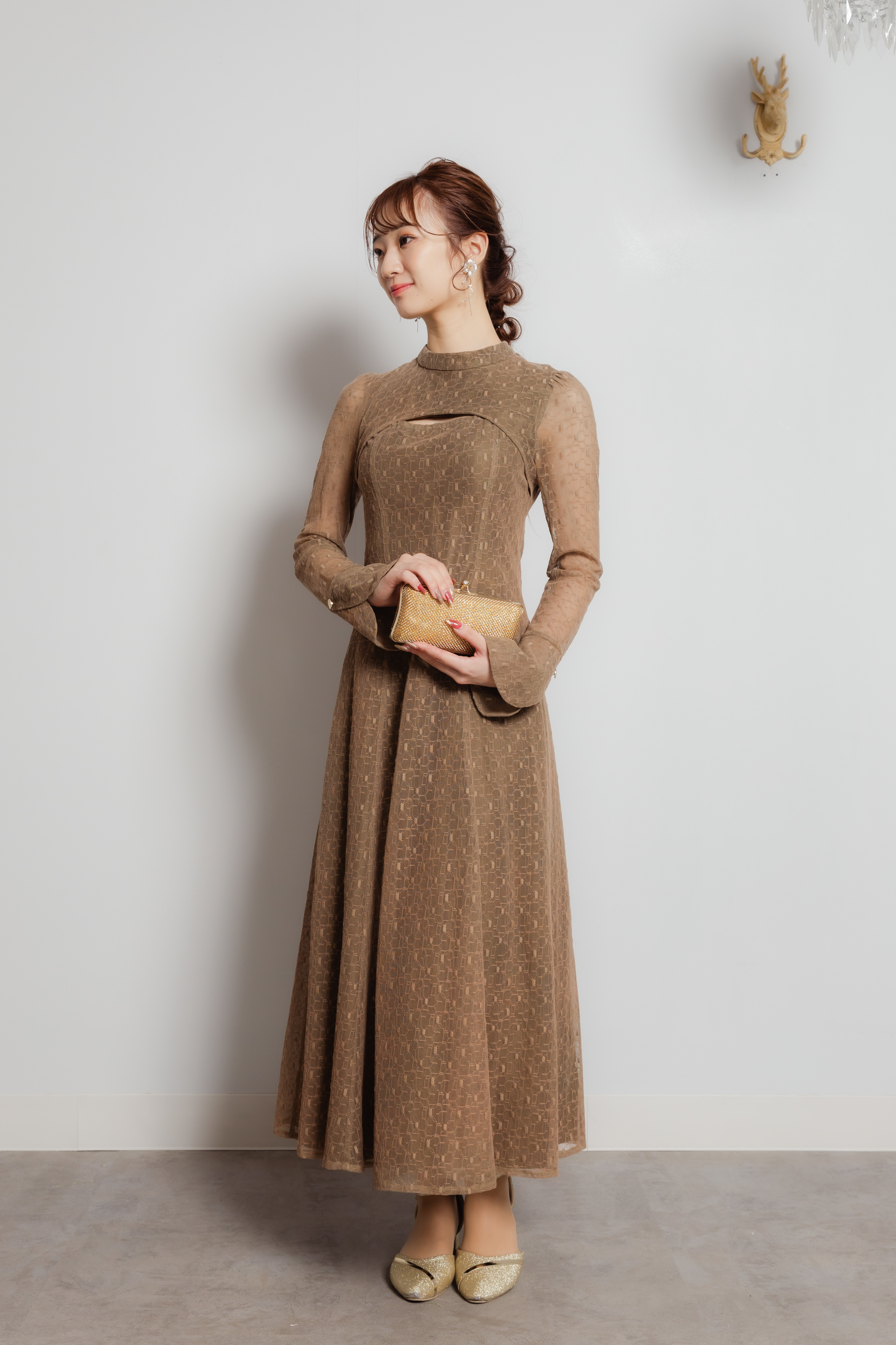 バックオープン幾何学レースドレス オリーブM