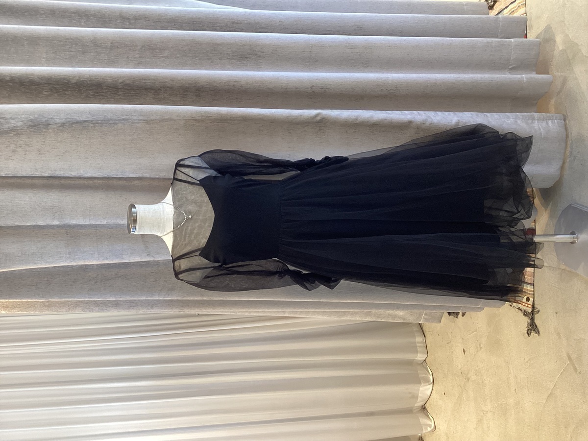 【ゲストドレス】SNIDELブラックシースルーロングスリーブ膝丈ドレス