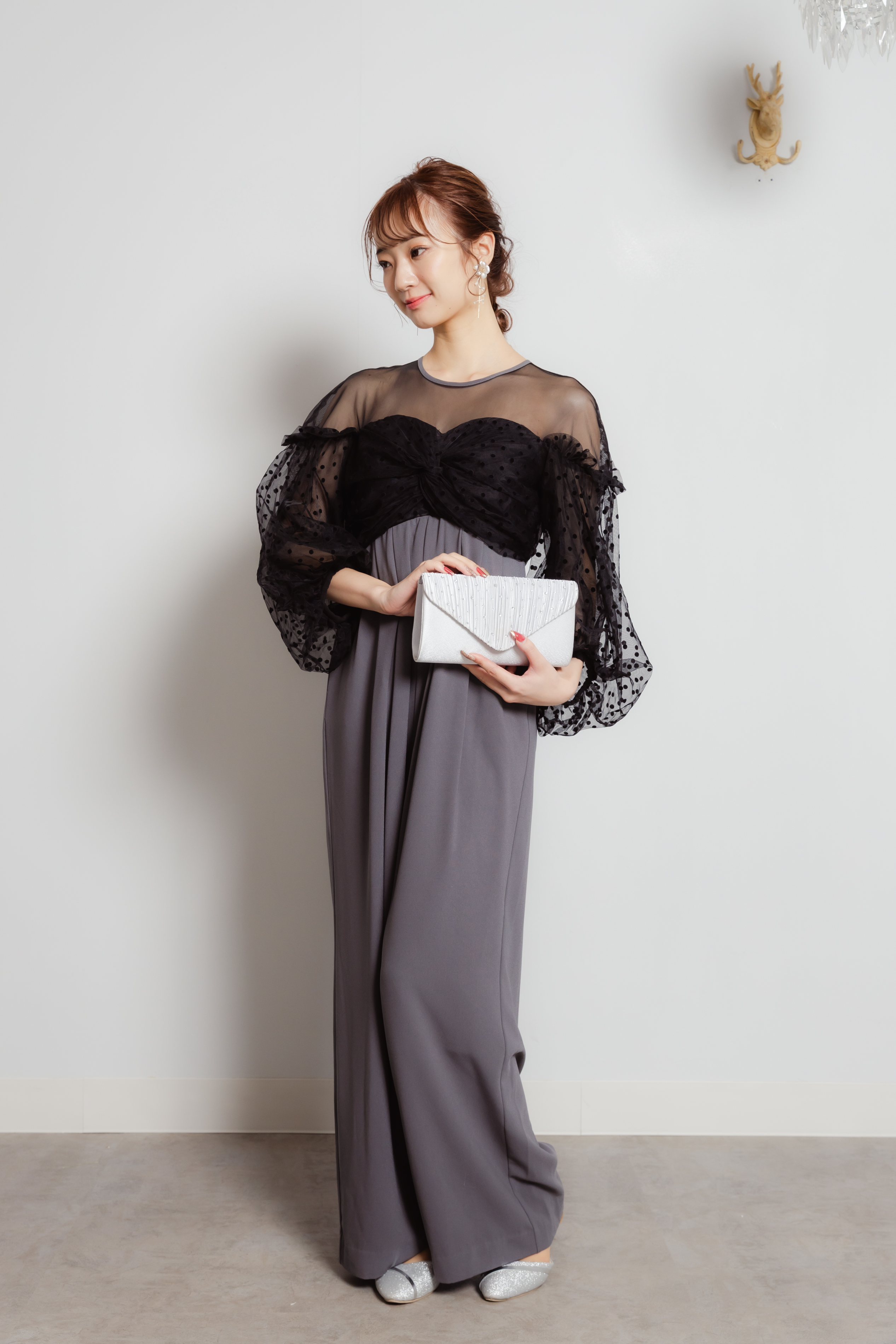 フロッキードットチュールパンツドレス グレー M