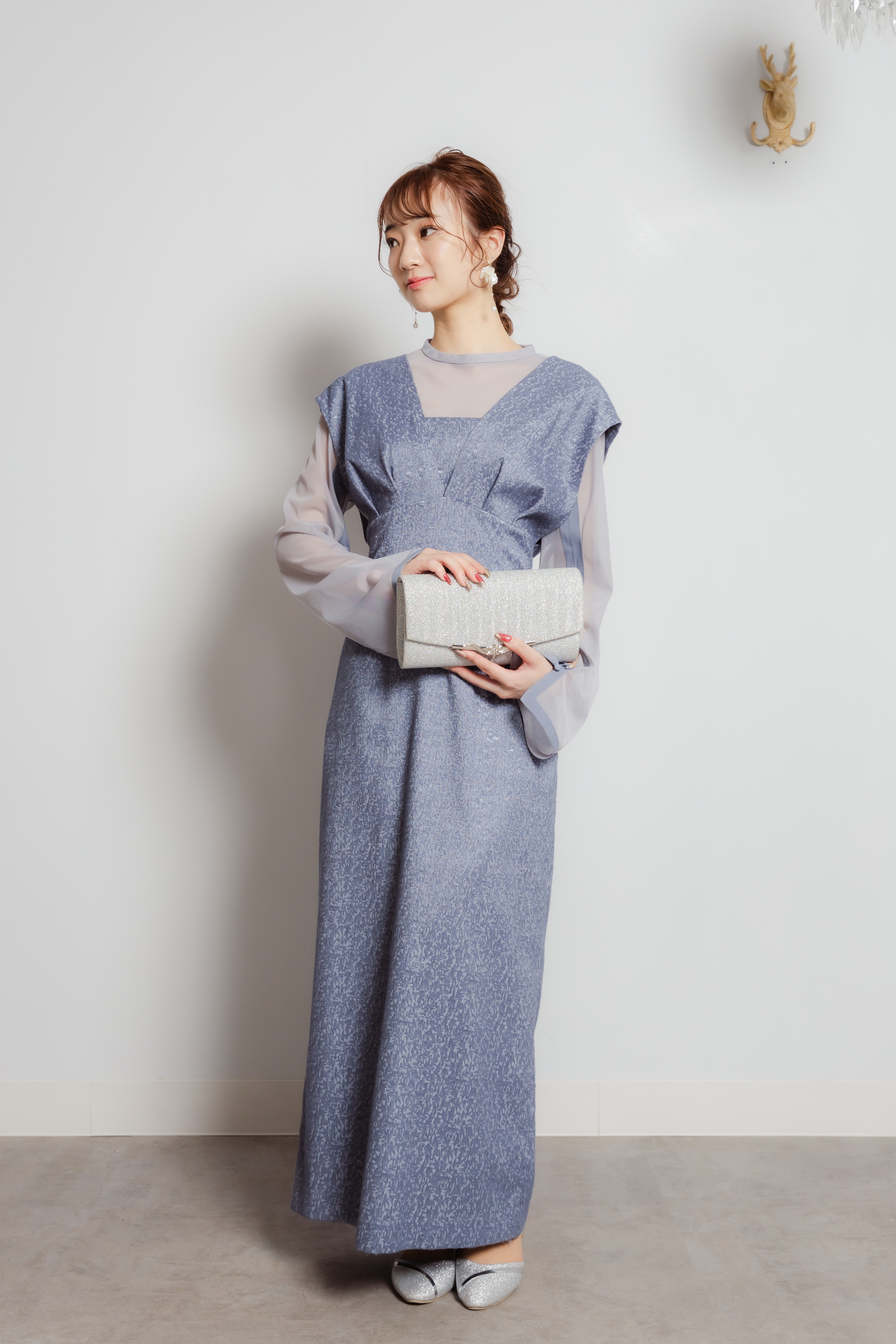 Vラインジャカードドレス　ブルーL