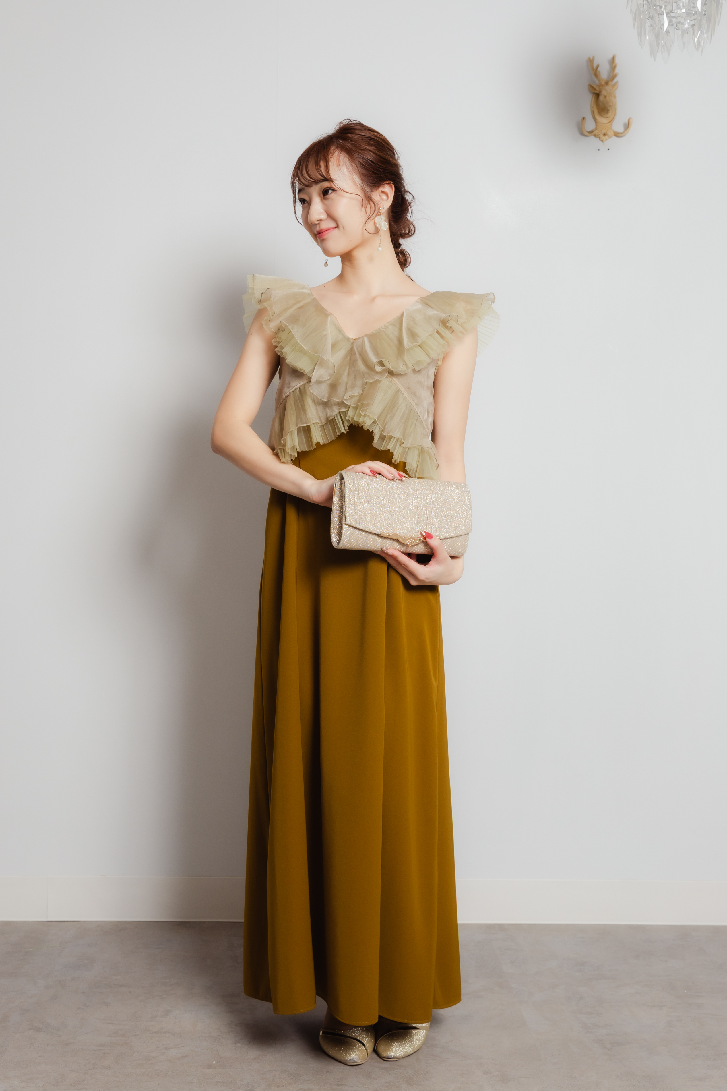 プリーツチュールドレス　オリーブM