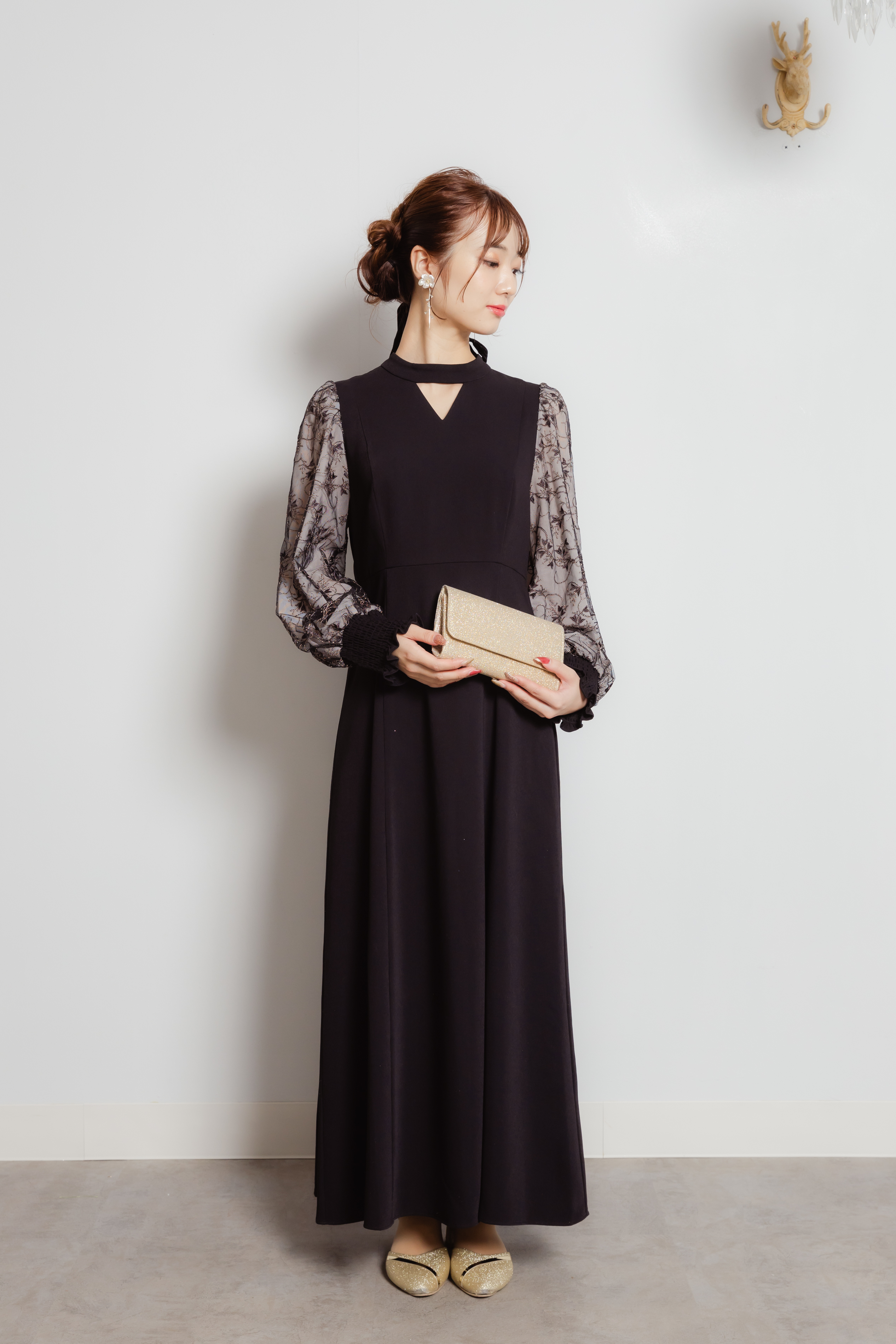 刺繍ロングスリーブドレス　ブラックL