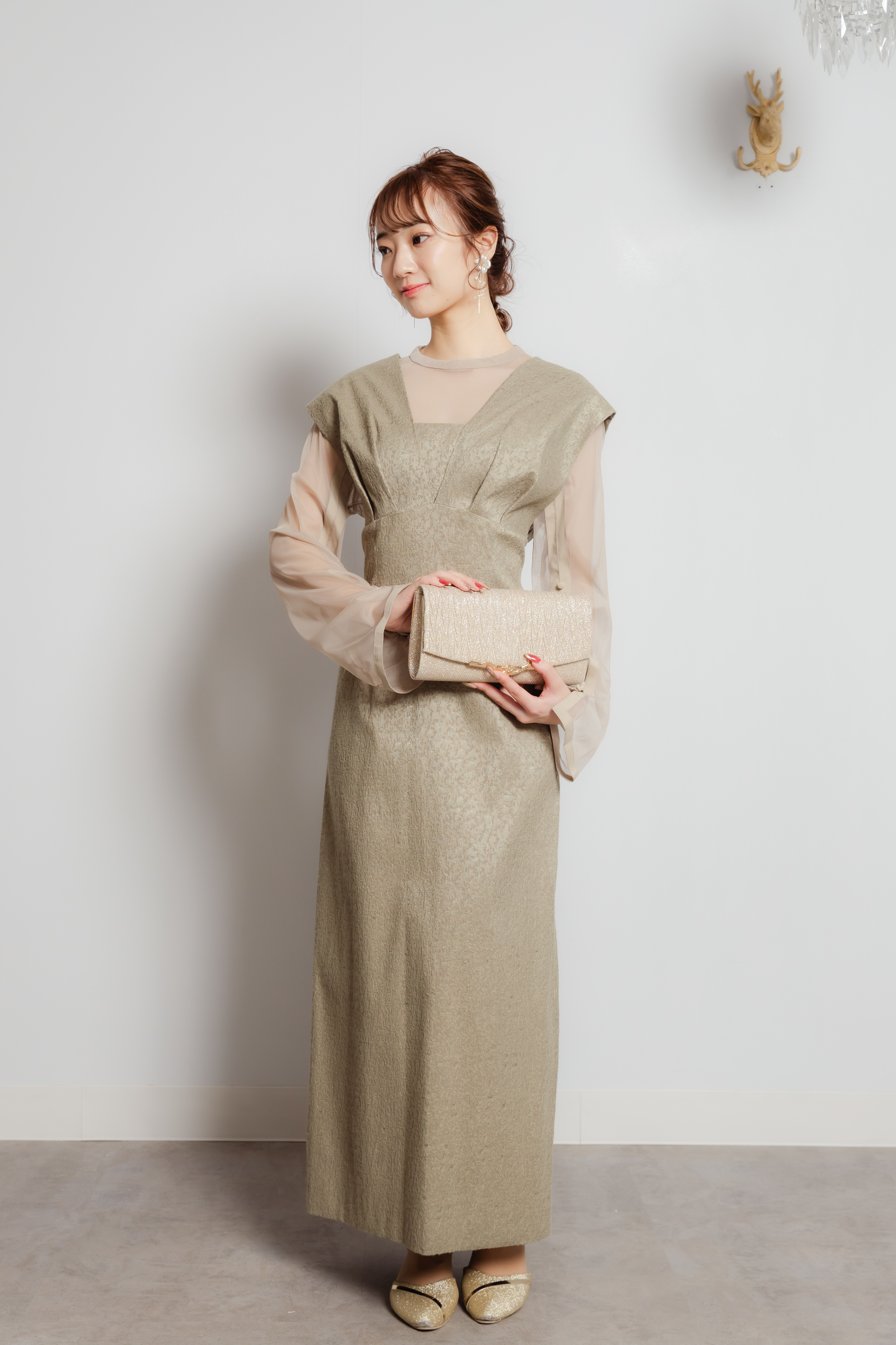 Vラインジャカードドレス　カーキL