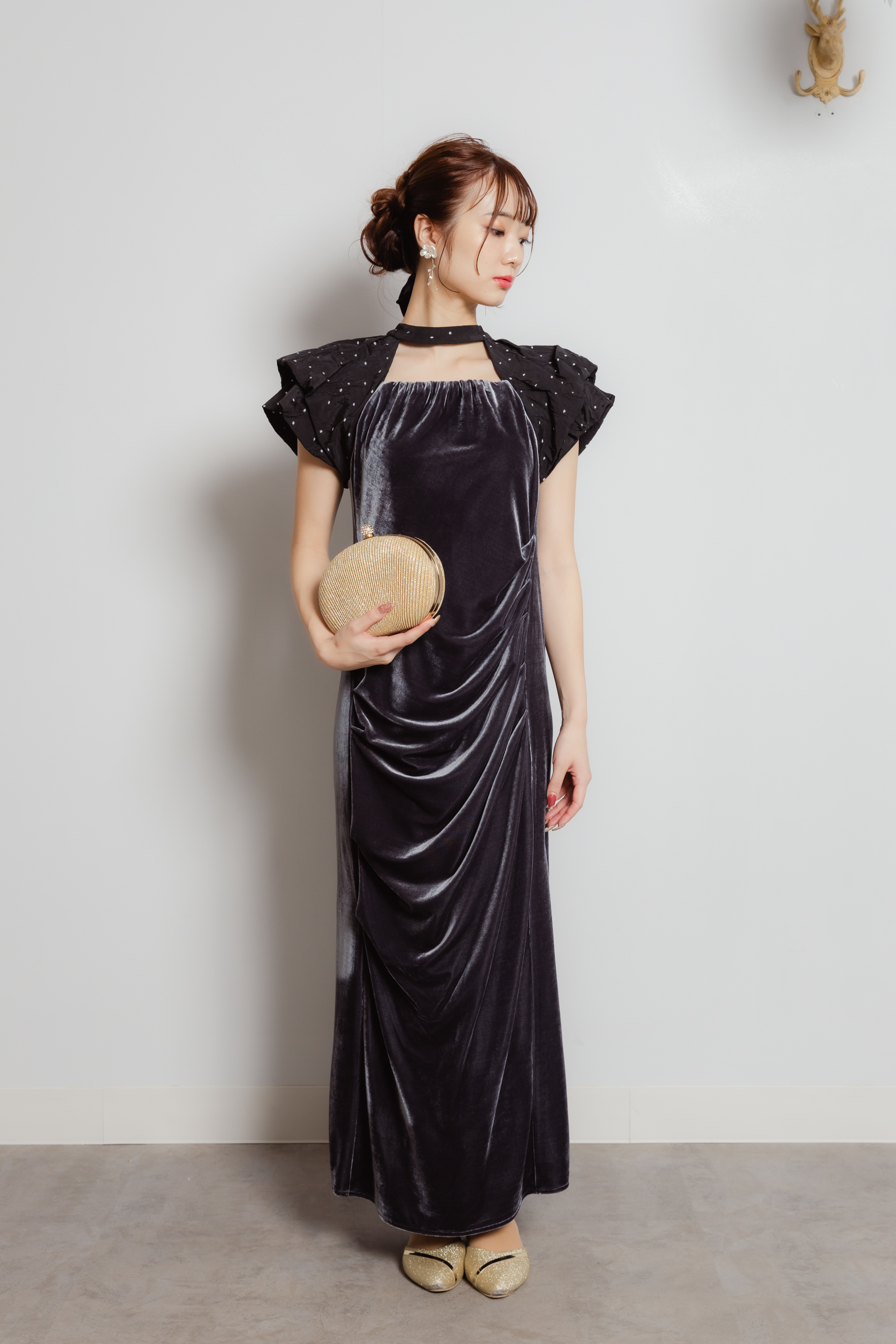 ドレープベロアドレス　ドットグレーM