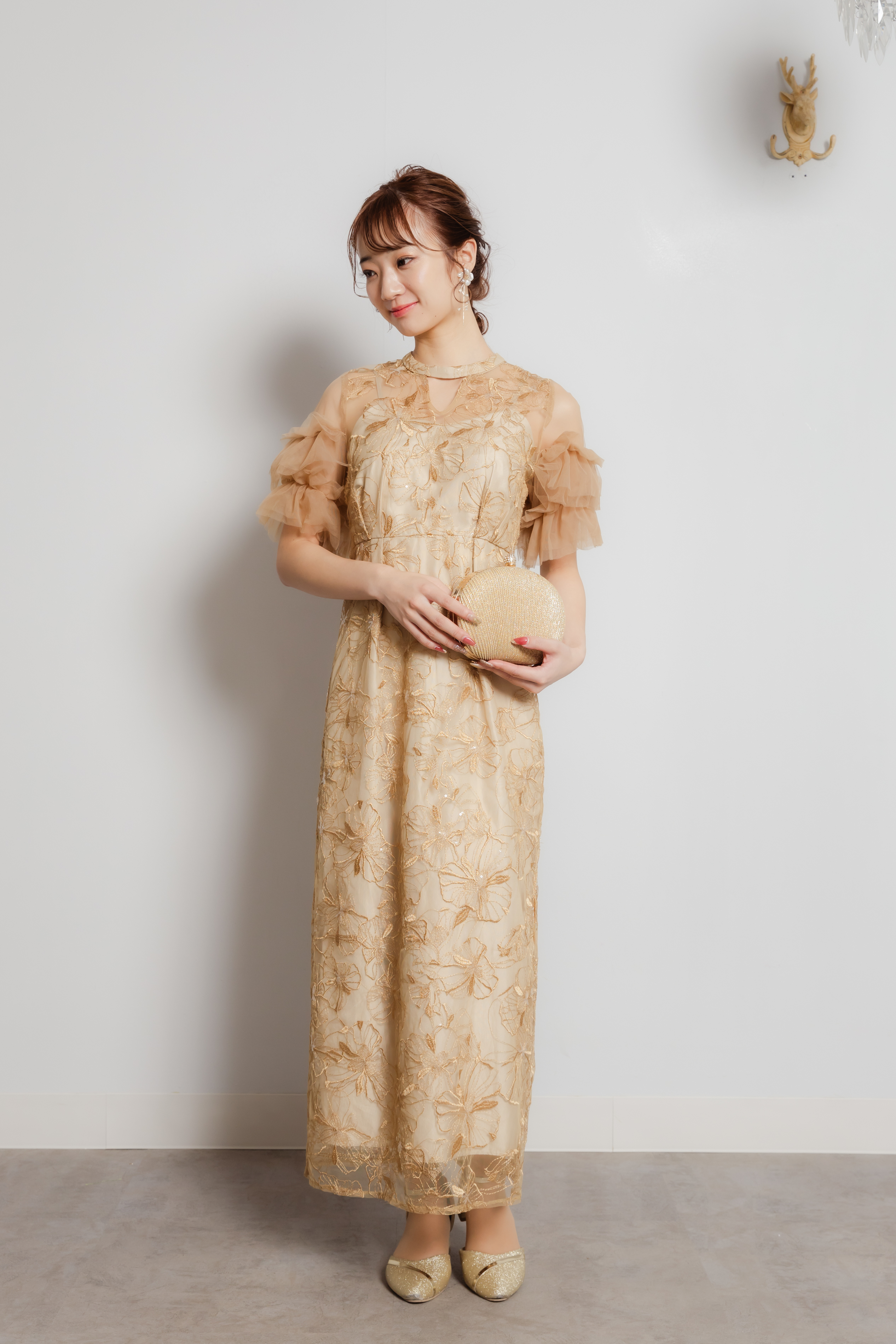 キーネック　スパンコール刺繍ドレス　イエローL