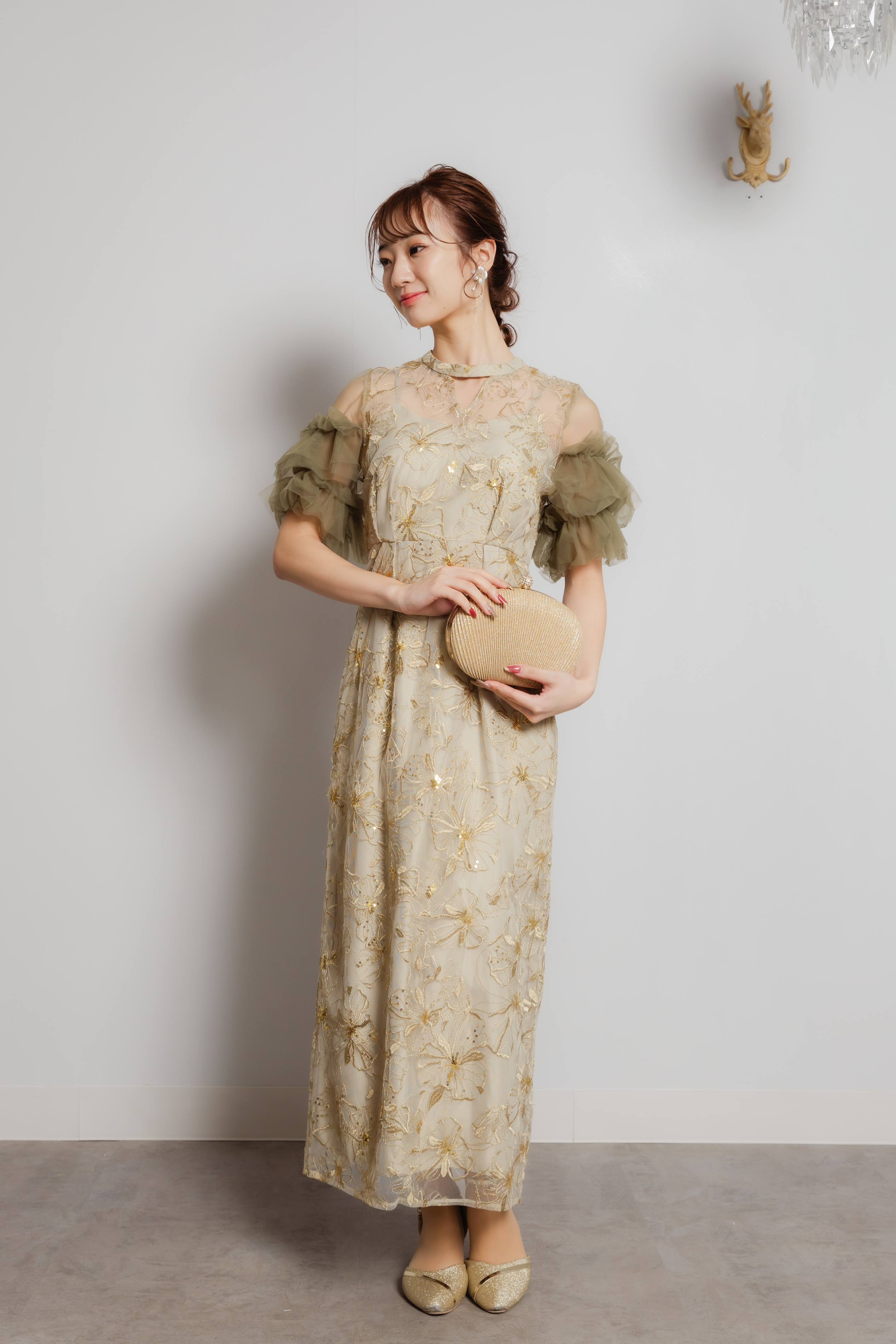 キーネック　スパンコール刺繍ドレス　グリーンL