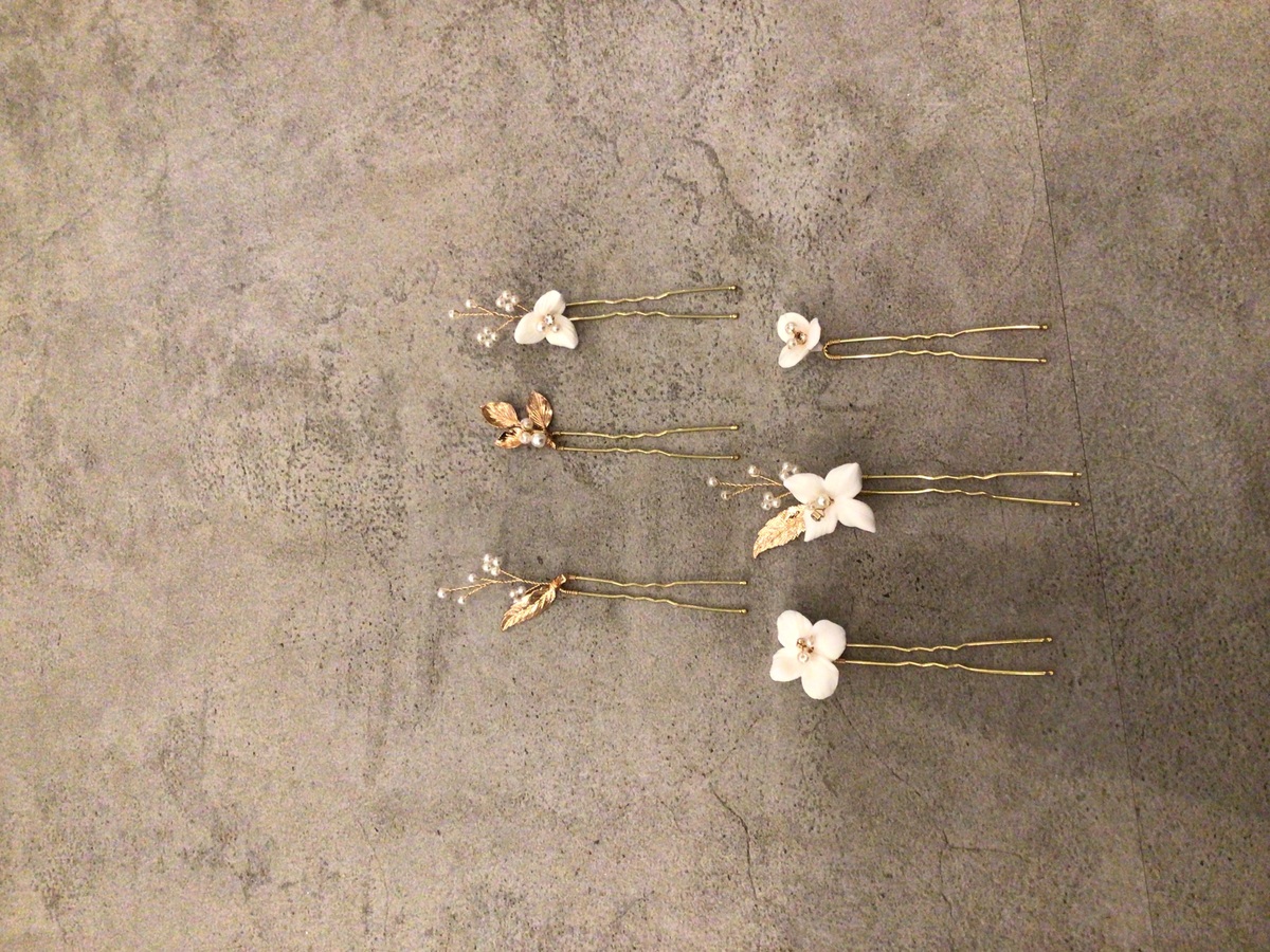 ホワイトフラワー×ゴールドリーフ　ヘッドピース6個入り