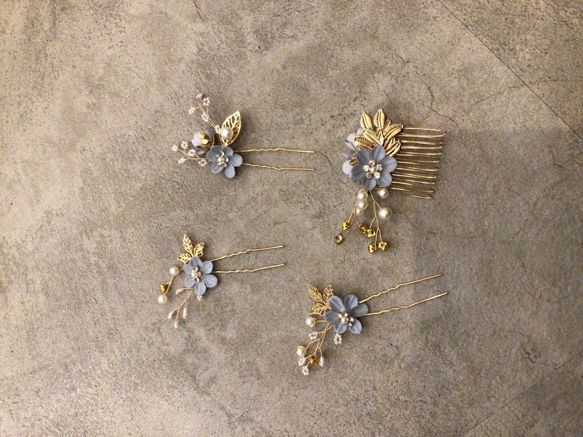 水色フラワー×小花パール　ヘッドピース4個入り