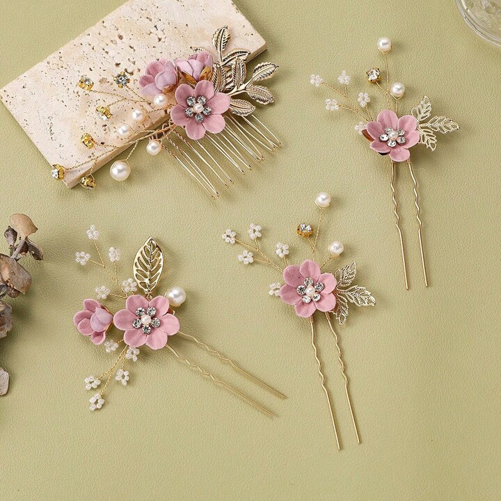 ピンクフラワー×小花パール　ヘッドピース4個入り
