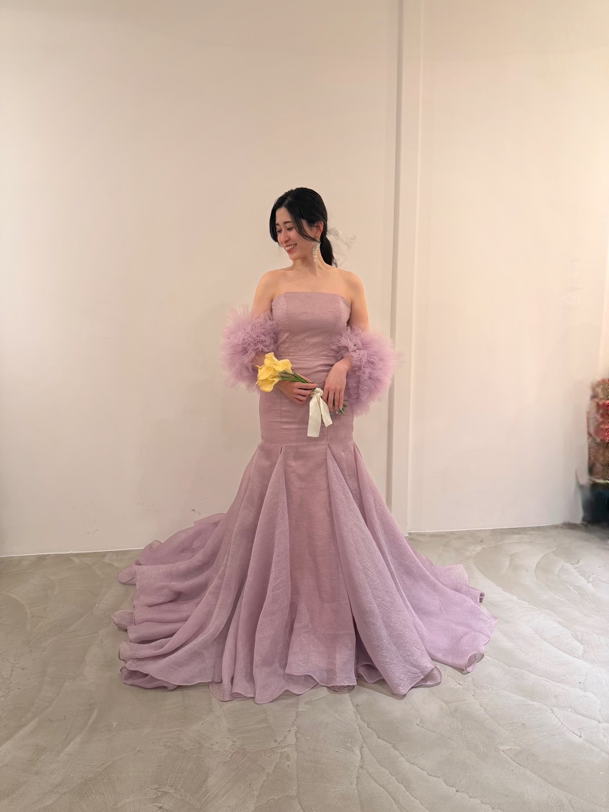 【カラードレス】オーガンジーライラックマーメイドドレス　オフショルダー取り外し可能 9号/M