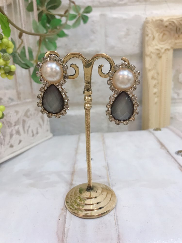 【ピアス】グレーしずくストーン×パール