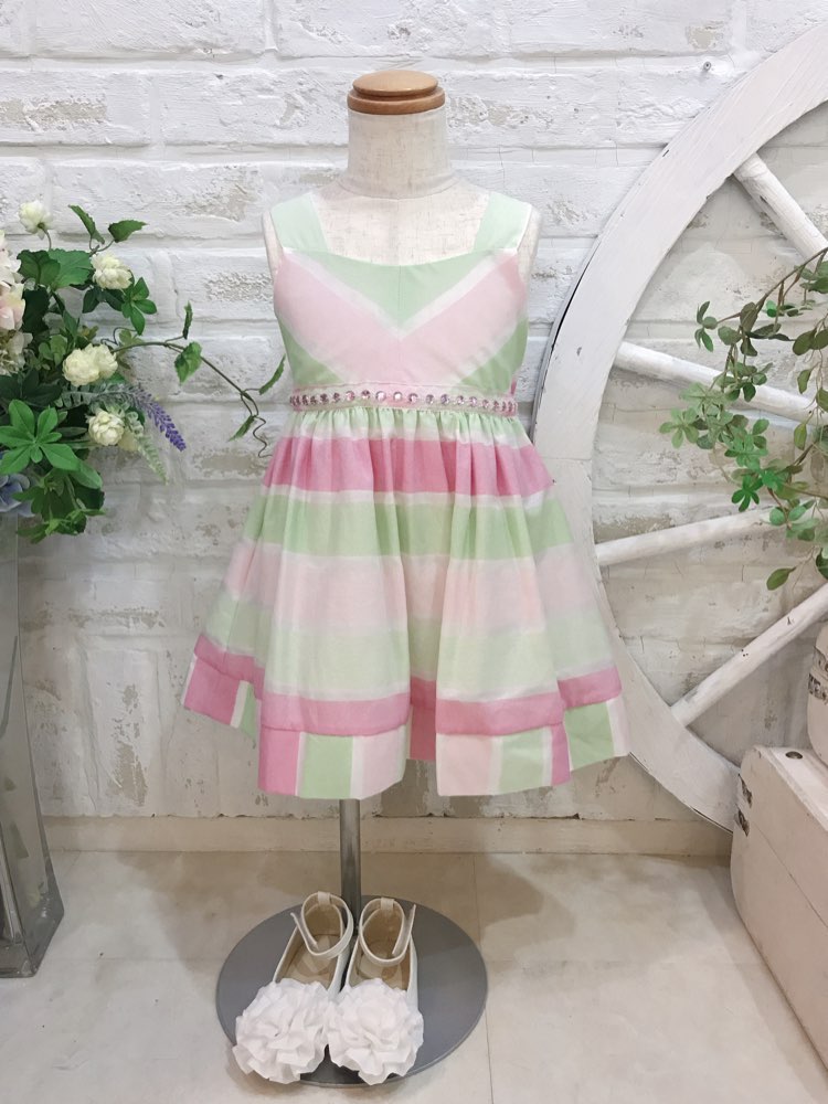 【キッズドレス】ピンク×ミントグリーンボーダードレス　80〜90cm