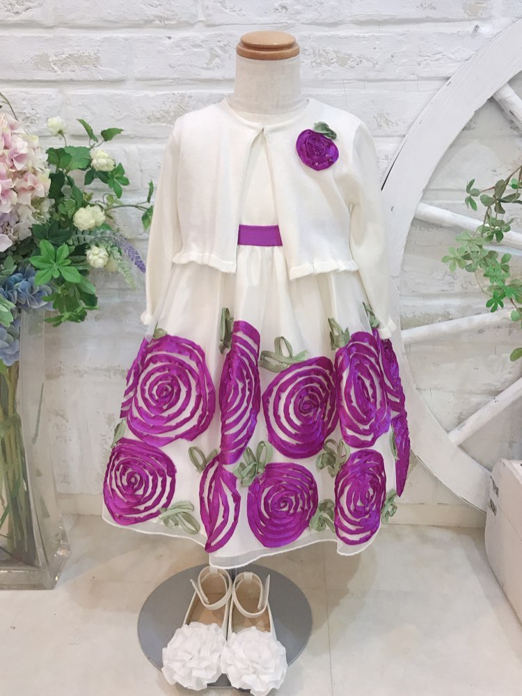 【キッズドレス】ホワイト×パープルお花カーディガン付きドレス　95cm