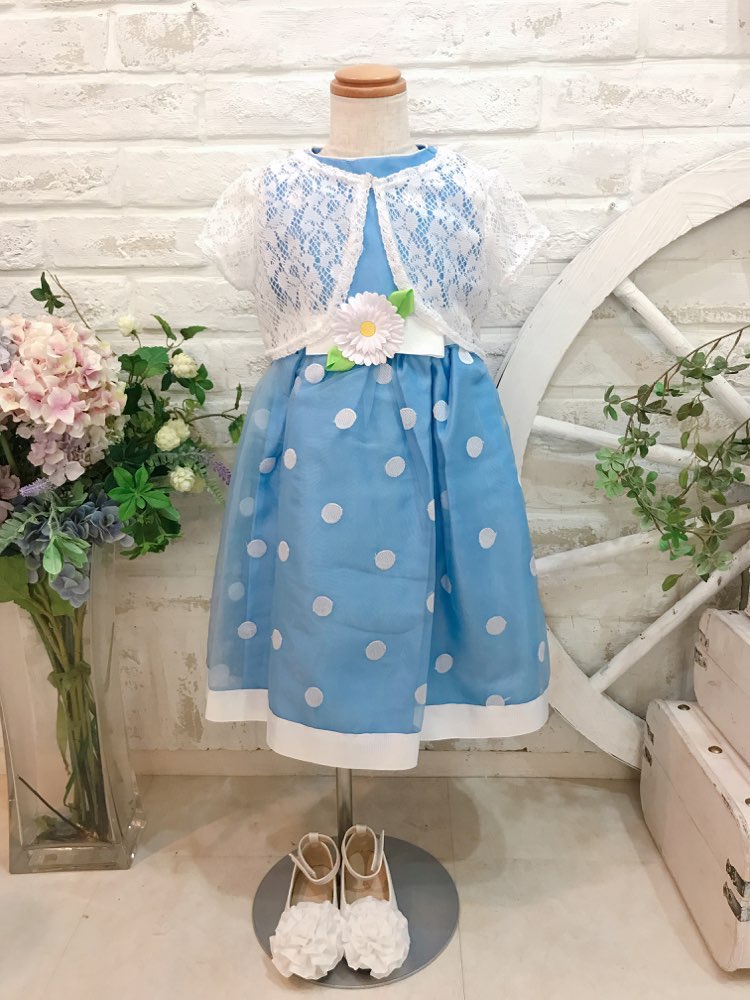 【キッズドレス】水色ホワイトドットドレスカーディガン付き　110〜120cm