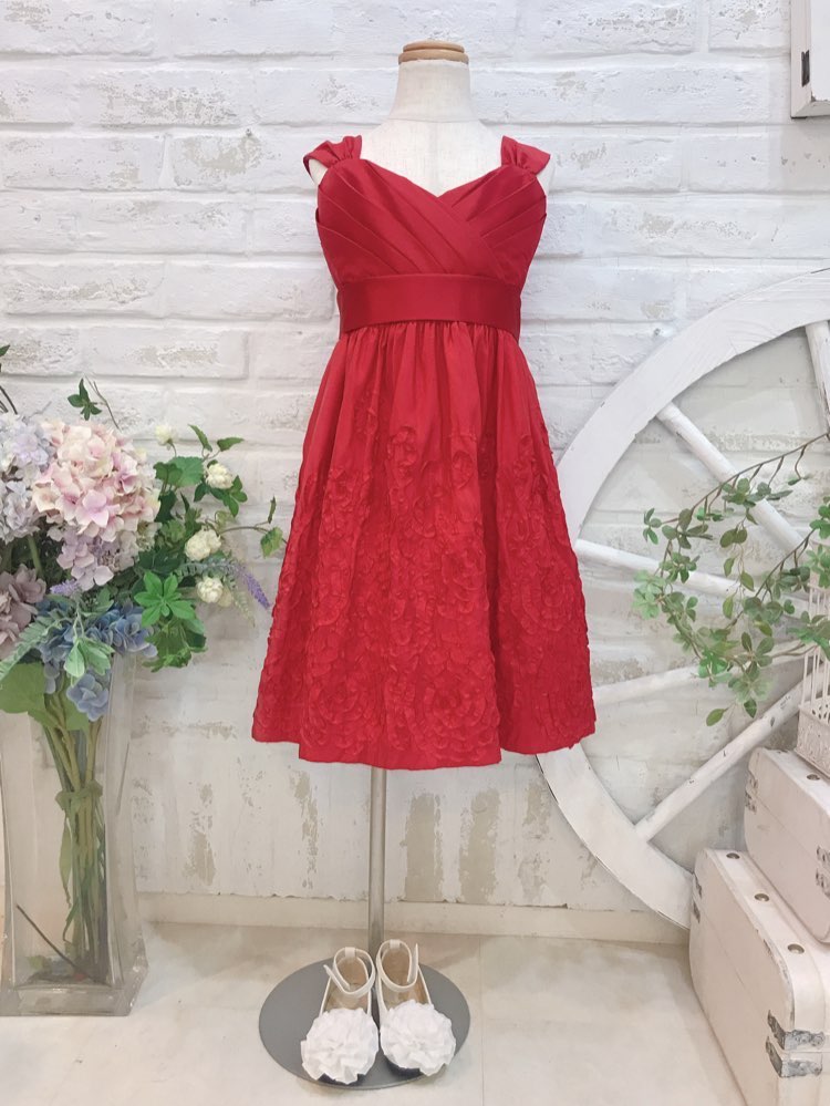 【キッズドレス】レッドウェストリボンドレス　120cm